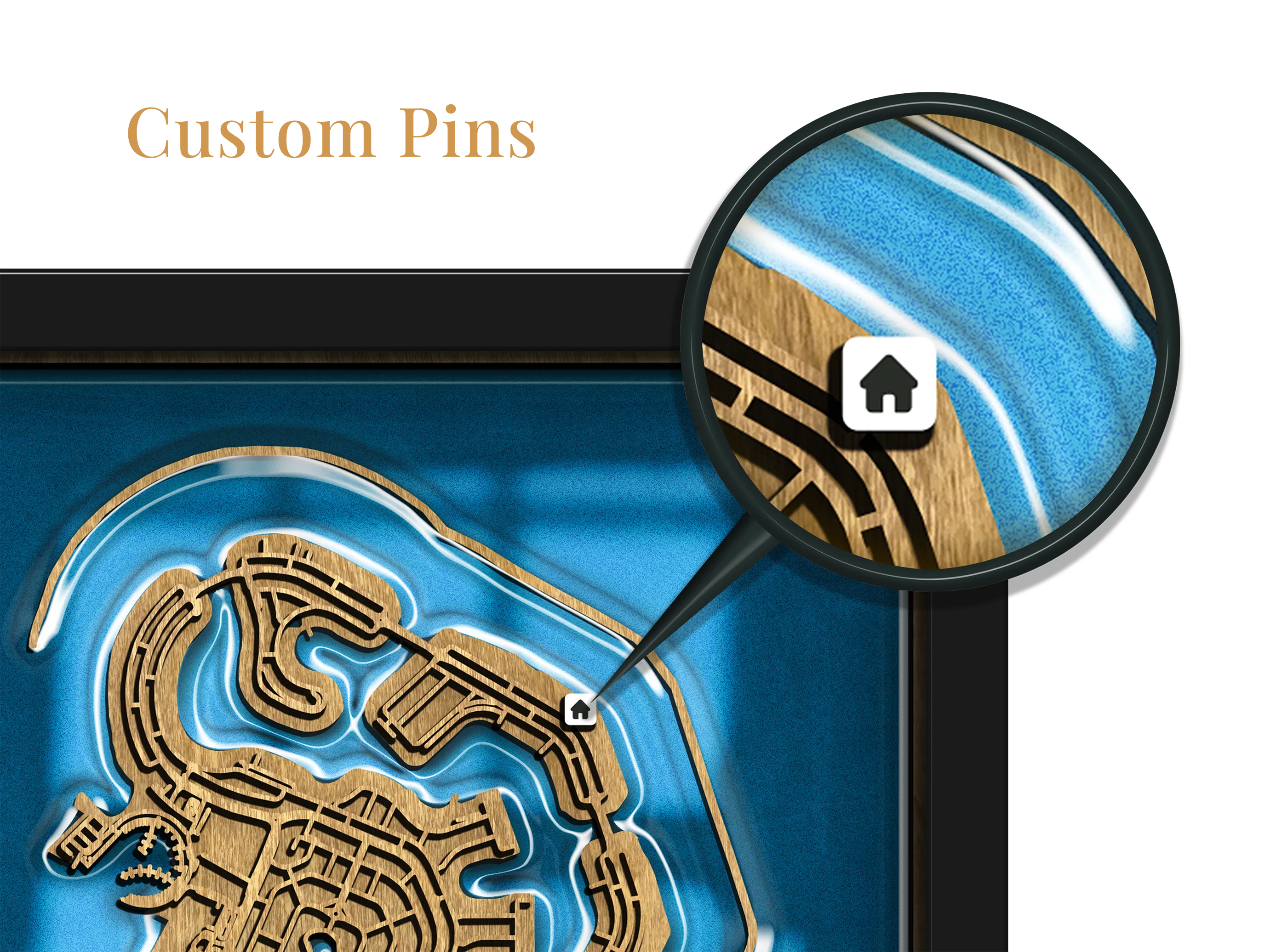 Close-up of the layered wood construction and precision laser engraving for custom pin locations.
