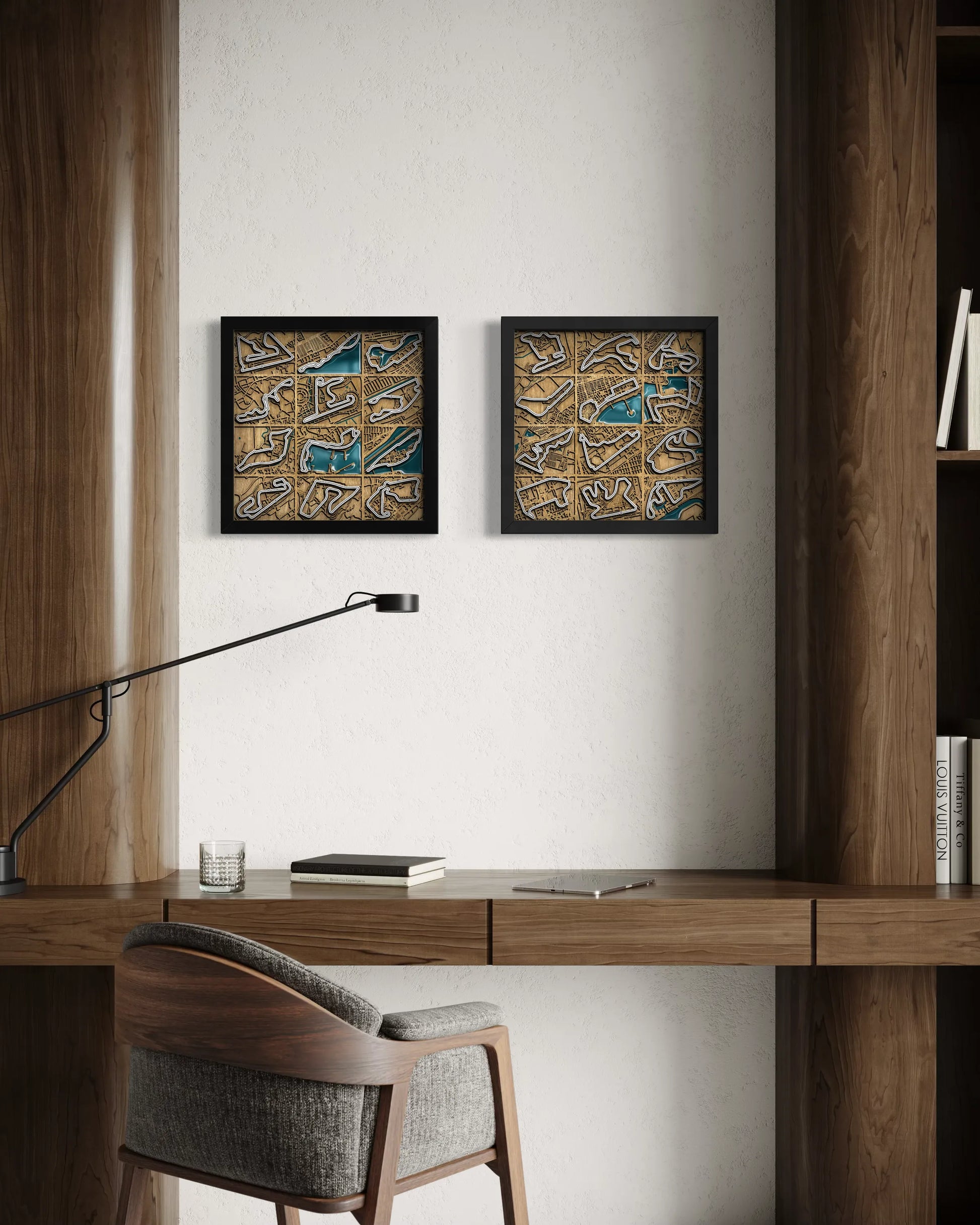 Handcrafted F1 World Collection layered wooden wall art with an epoxy resin finish displayed in a modern living room.