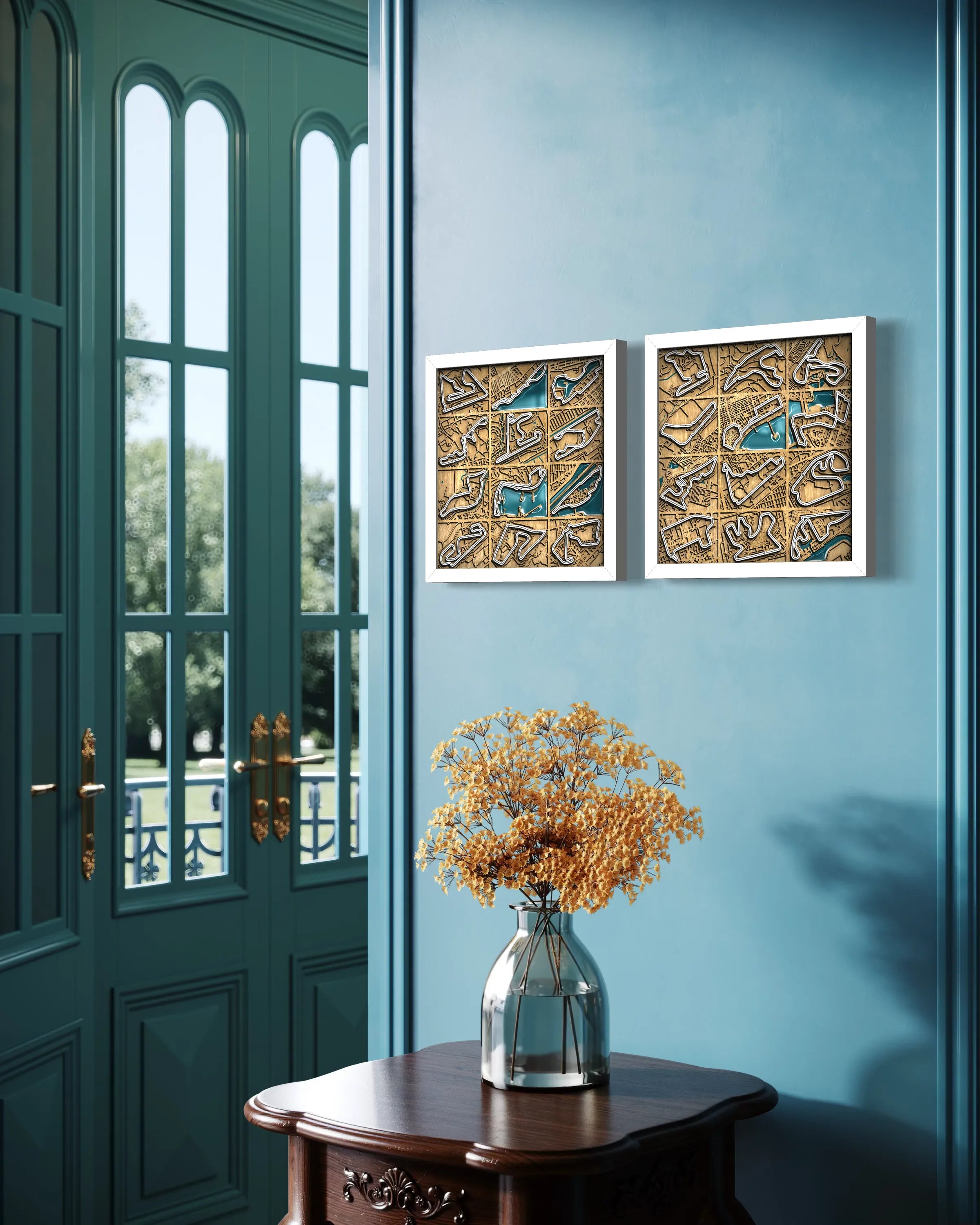 Handcrafted F1 World Collection layered wooden wall art with an epoxy resin finish displayed in a modern living room.
