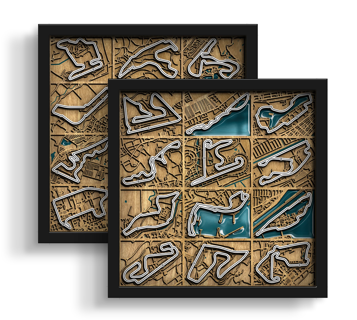 Handcrafted F1 World Collection layered wooden wall art with an epoxy resin finish.