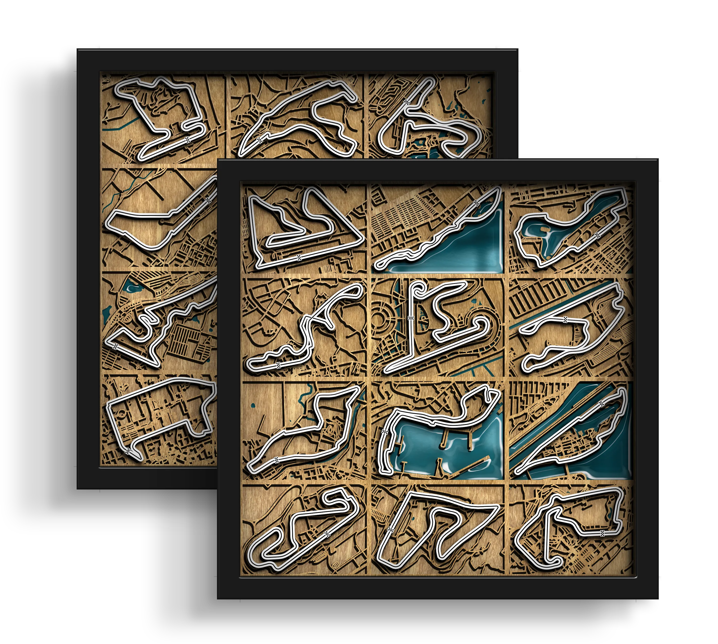 Handcrafted F1 World Collection layered wooden wall art with an epoxy resin finish.