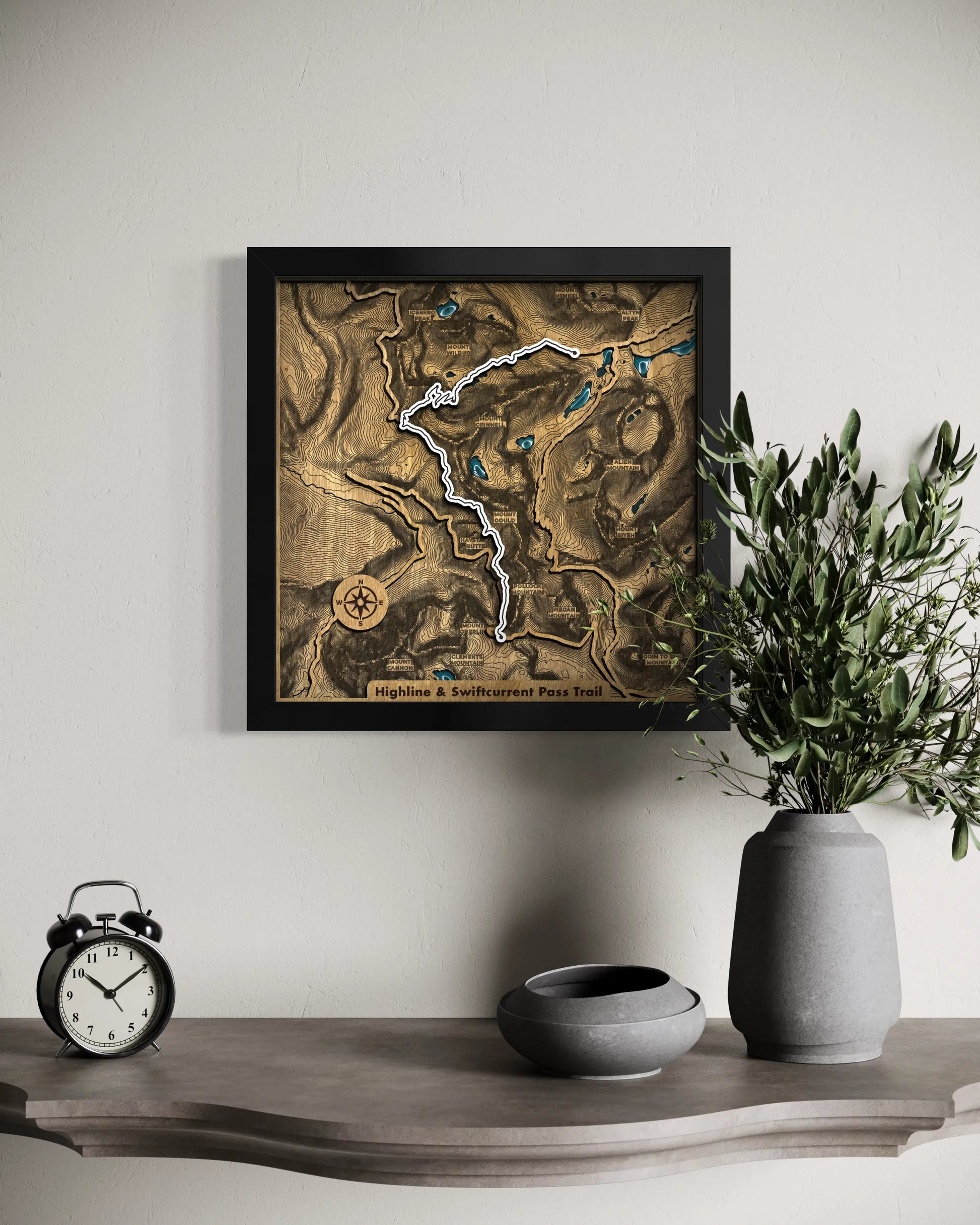 Handcrafted Custom Hiking Trail Maps wooden wall art displayed in a modern living room.