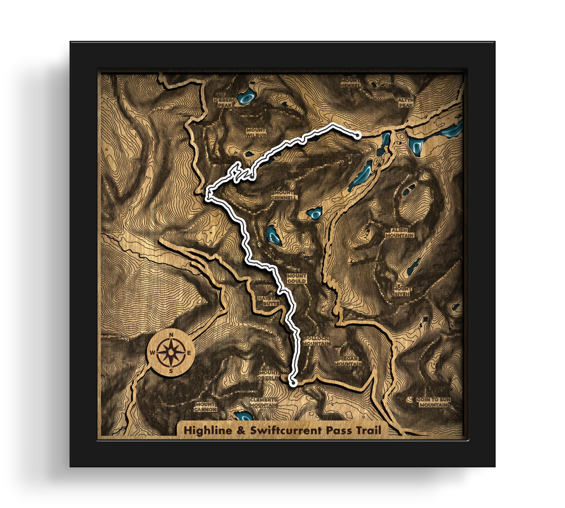 Handcrafted Custom Hiking Trail Maps layered wooden wall art in a black frame.