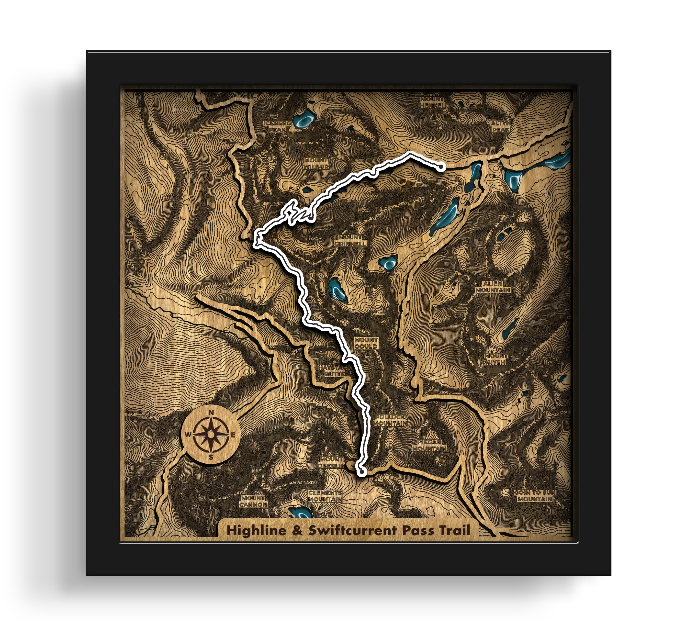 Handcrafted Custom Hiking Trail Maps layered wooden wall art in a black frame.