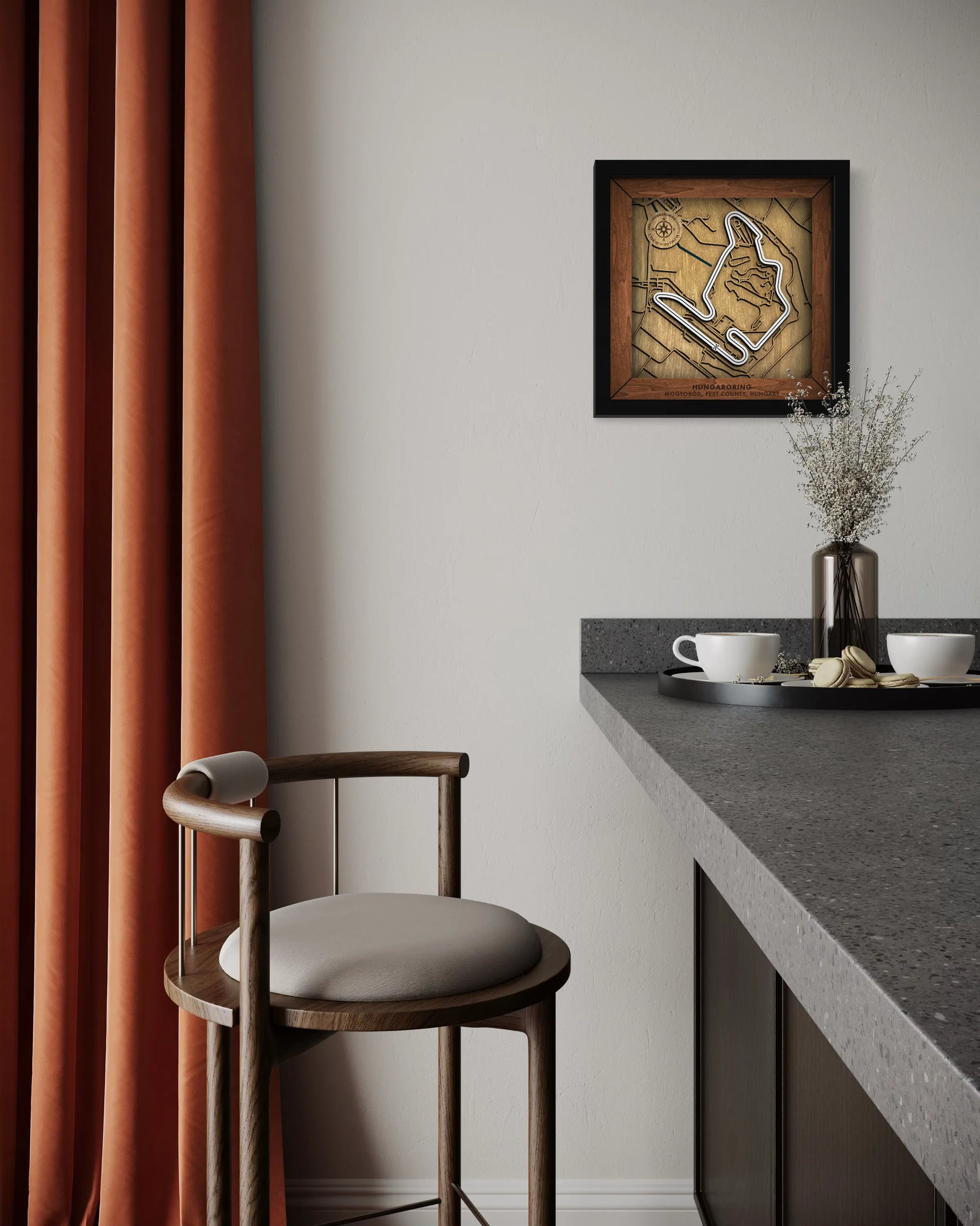 Handcrafted Hungaroring layered wooden racetrack wall art displayed in a modern living room.