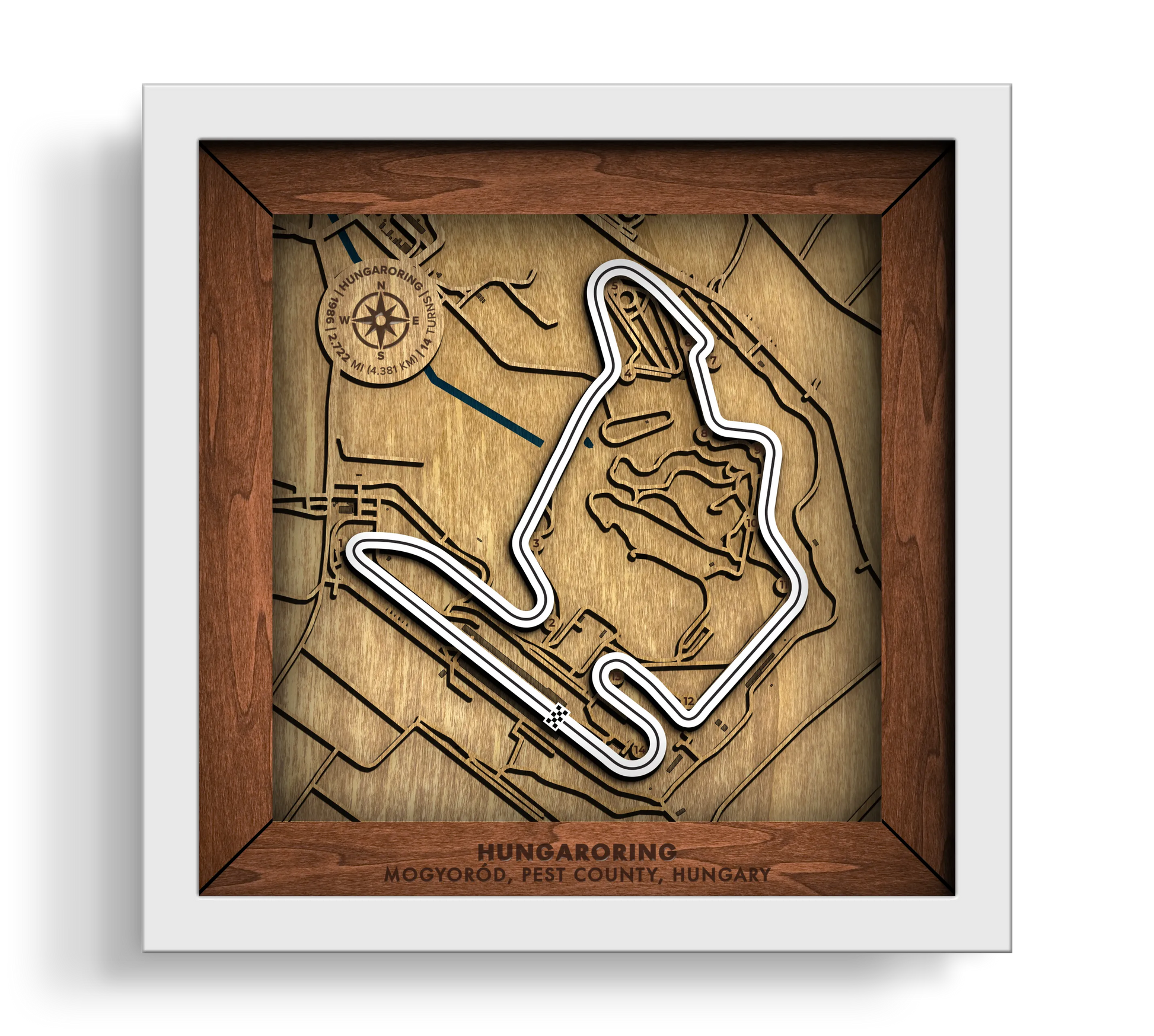 Handcrafted Hungaroring layered wooden racetrack wall art in a white frame.