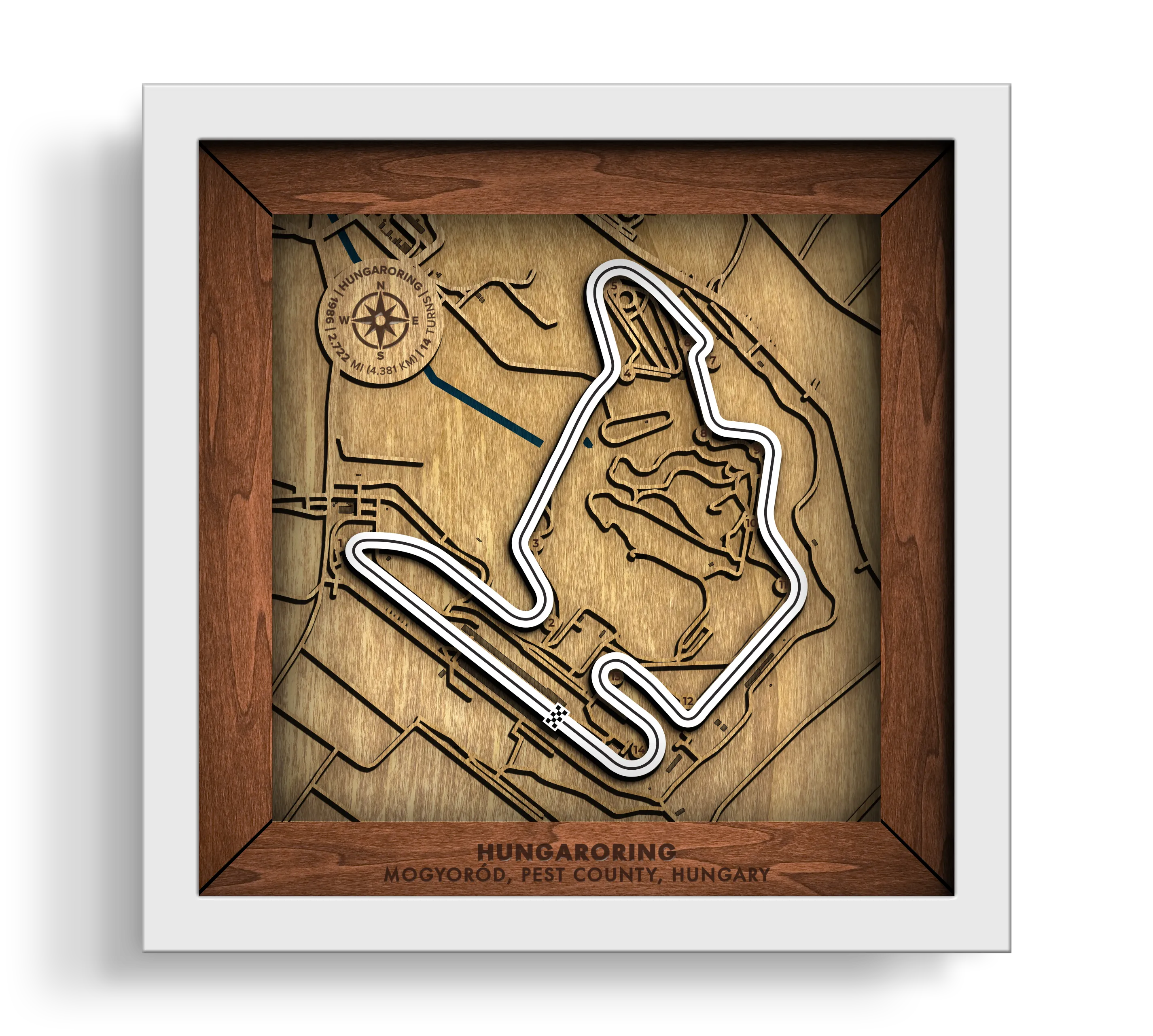Handcrafted Hungaroring layered wooden racetrack wall art in a white frame.