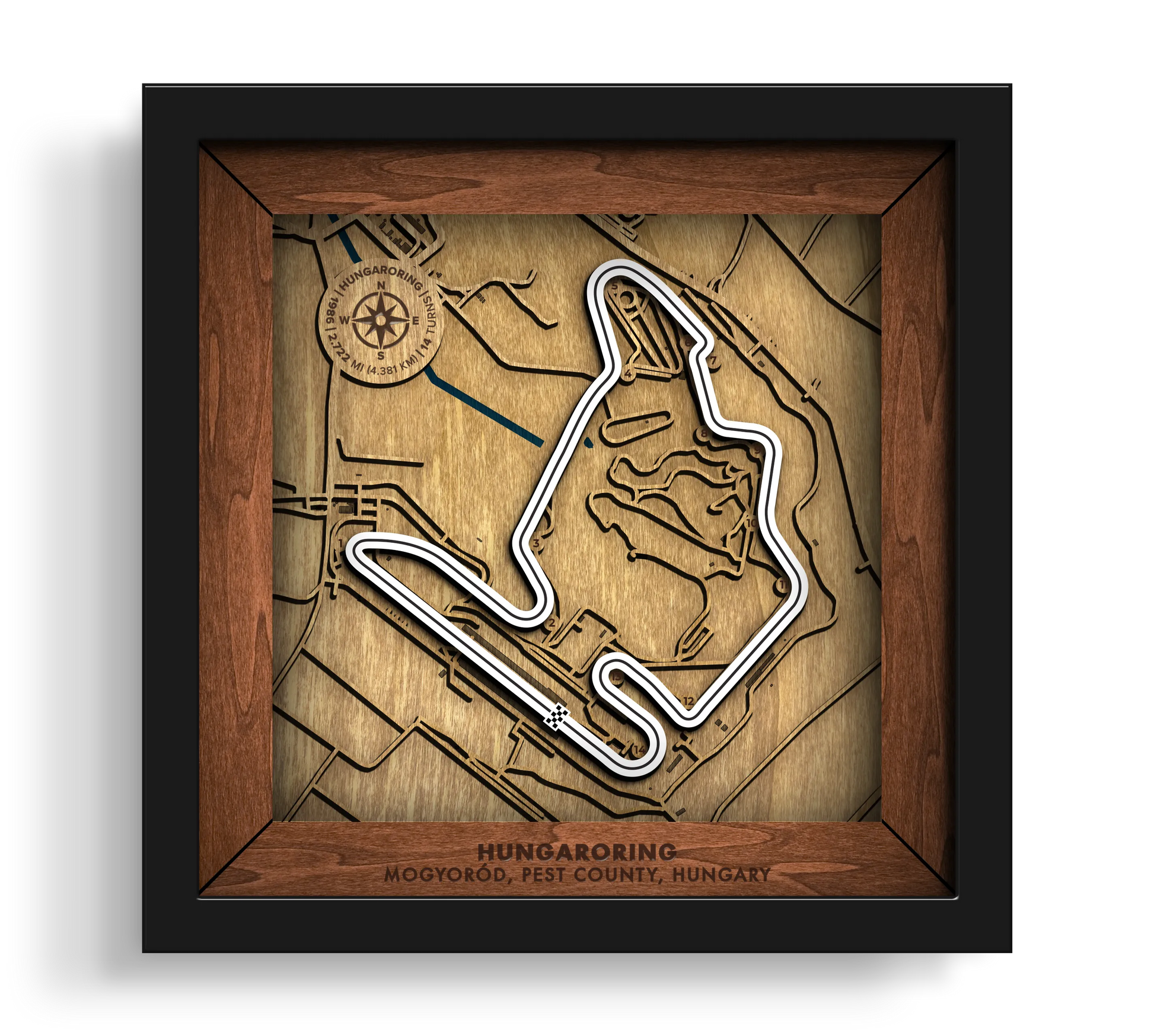 Handcrafted Hungaroring layered wooden racetrack wall art in a black frame.