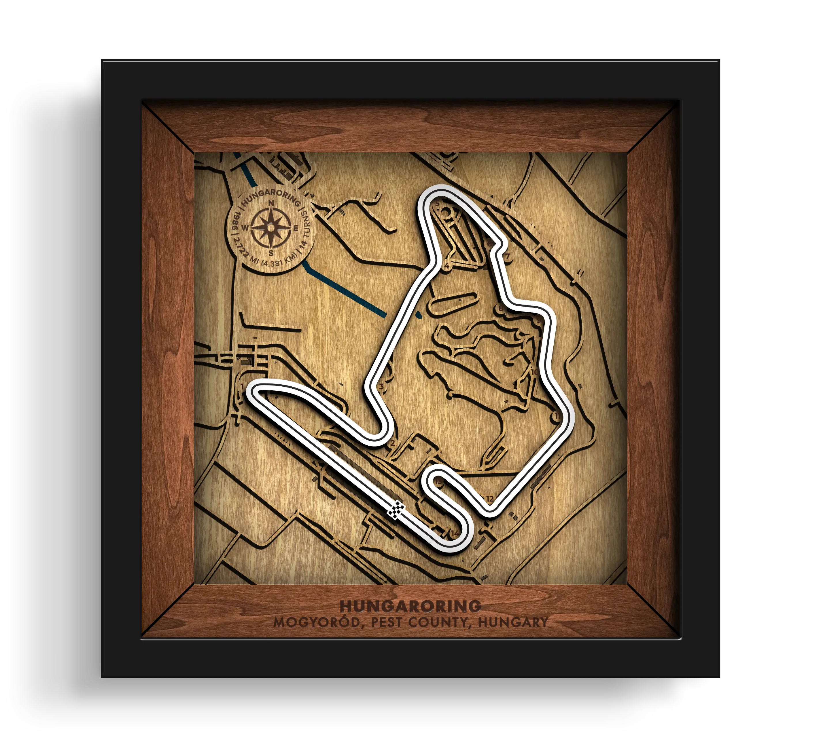 Handcrafted Hungaroring layered wooden racetrack wall art in a black frame.