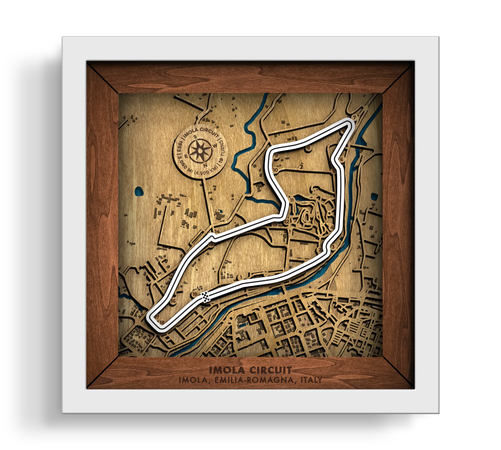 Handcrafted Autodromo Internazionale Enzo e Dino Ferrari layered wooden racetrack wall art in a white frame.