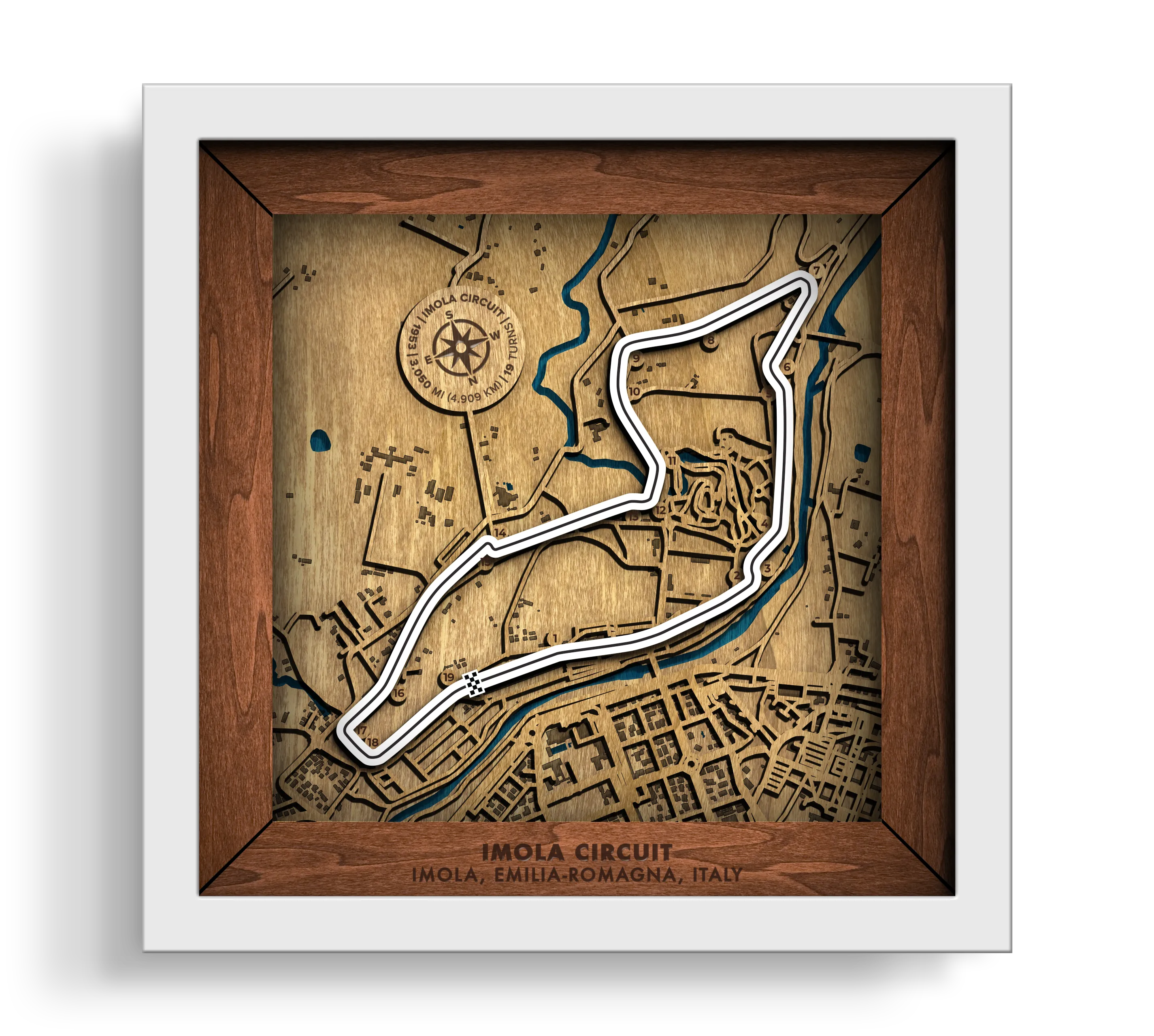 Handcrafted Autodromo Internazionale Enzo e Dino Ferrari layered wooden racetrack wall art in a white frame.