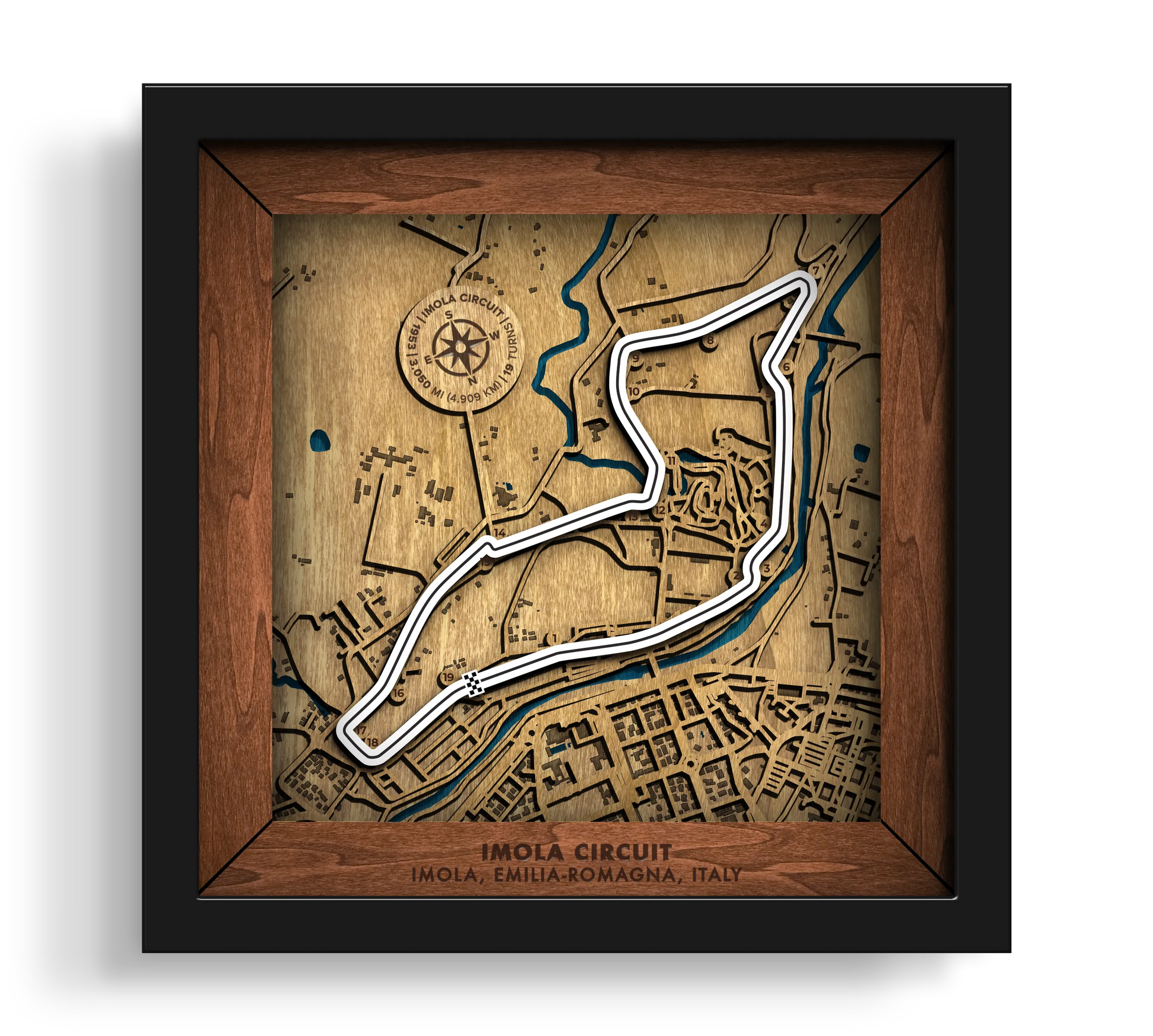 Handcrafted Autodromo Internazionale Enzo e Dino Ferrari layered wooden racetrack wall art in a black frame.