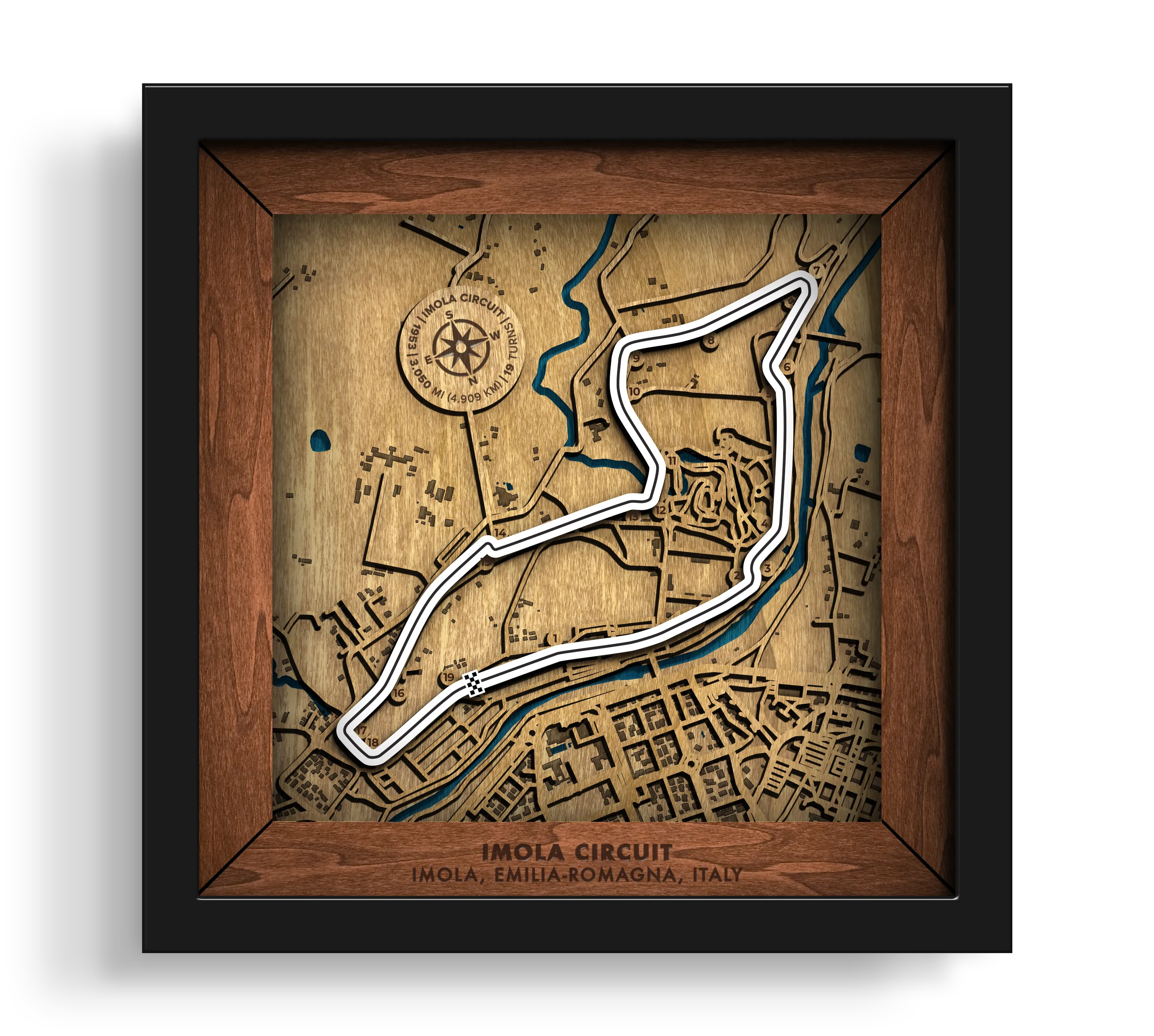 Handcrafted Autodromo Internazionale Enzo e Dino Ferrari layered wooden racetrack wall art in a black frame.
