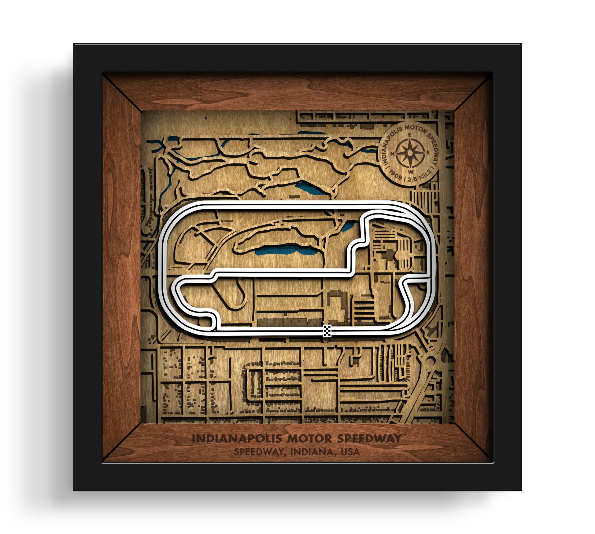 Handcrafted Indianapolis Motor Speedway layered wooden racetrack wall art in a black frame.