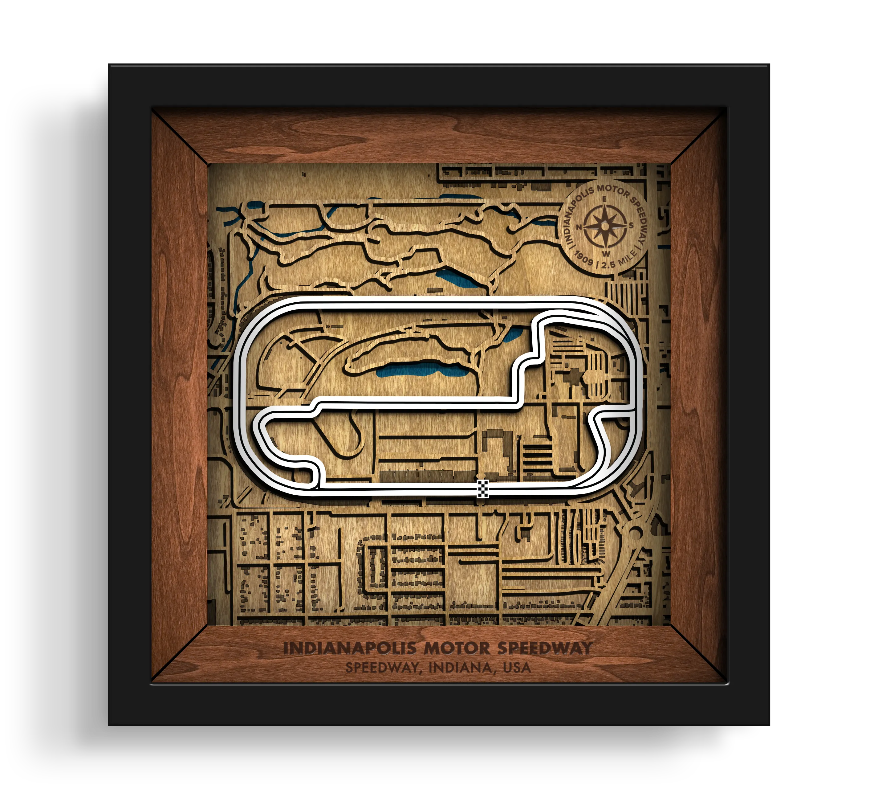 Handcrafted Indianapolis Motor Speedway layered wooden racetrack wall art in a black frame.