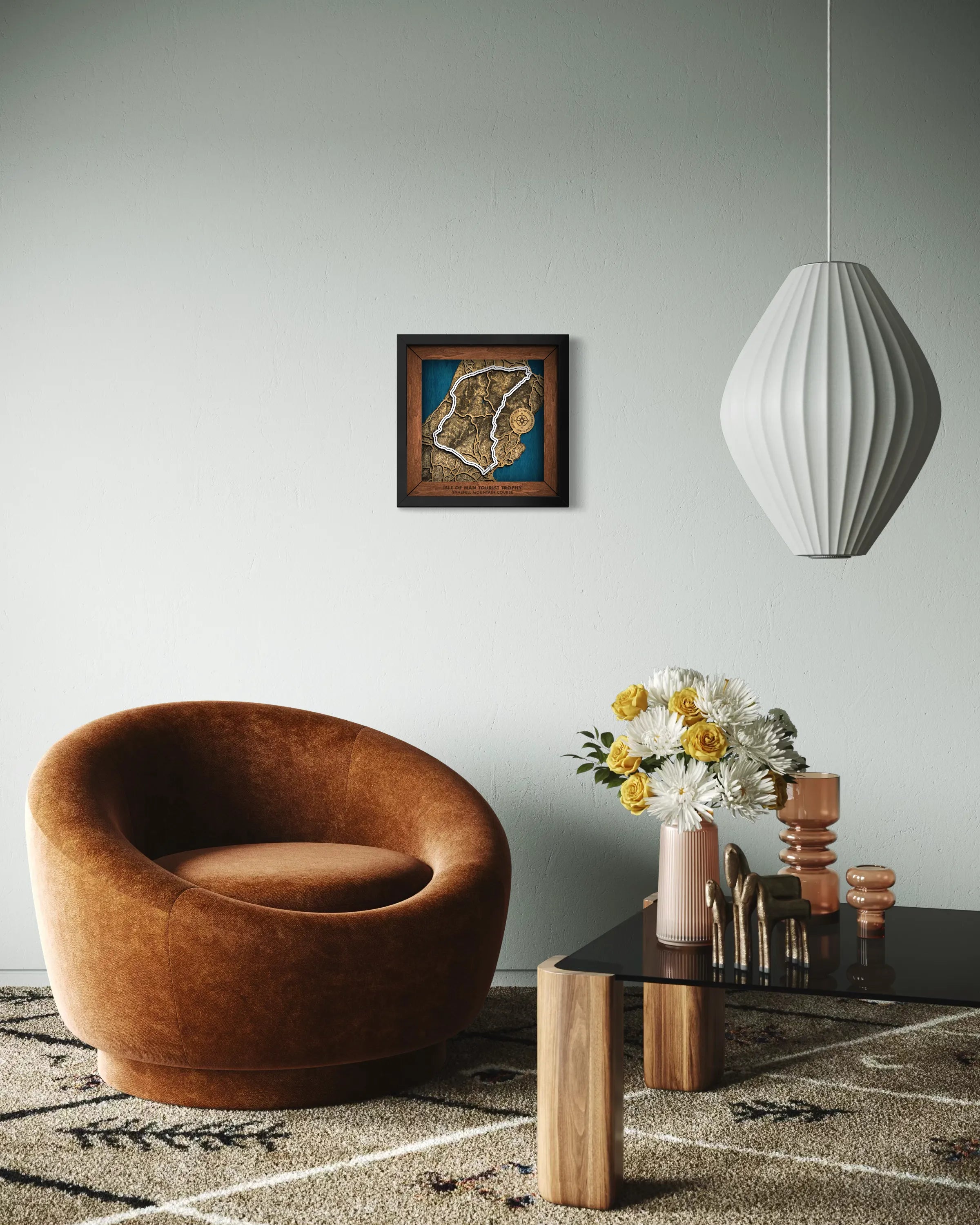 Handcrafted Isle of Man TT Course layered wooden racetrack wall art displayed in a modern living room.