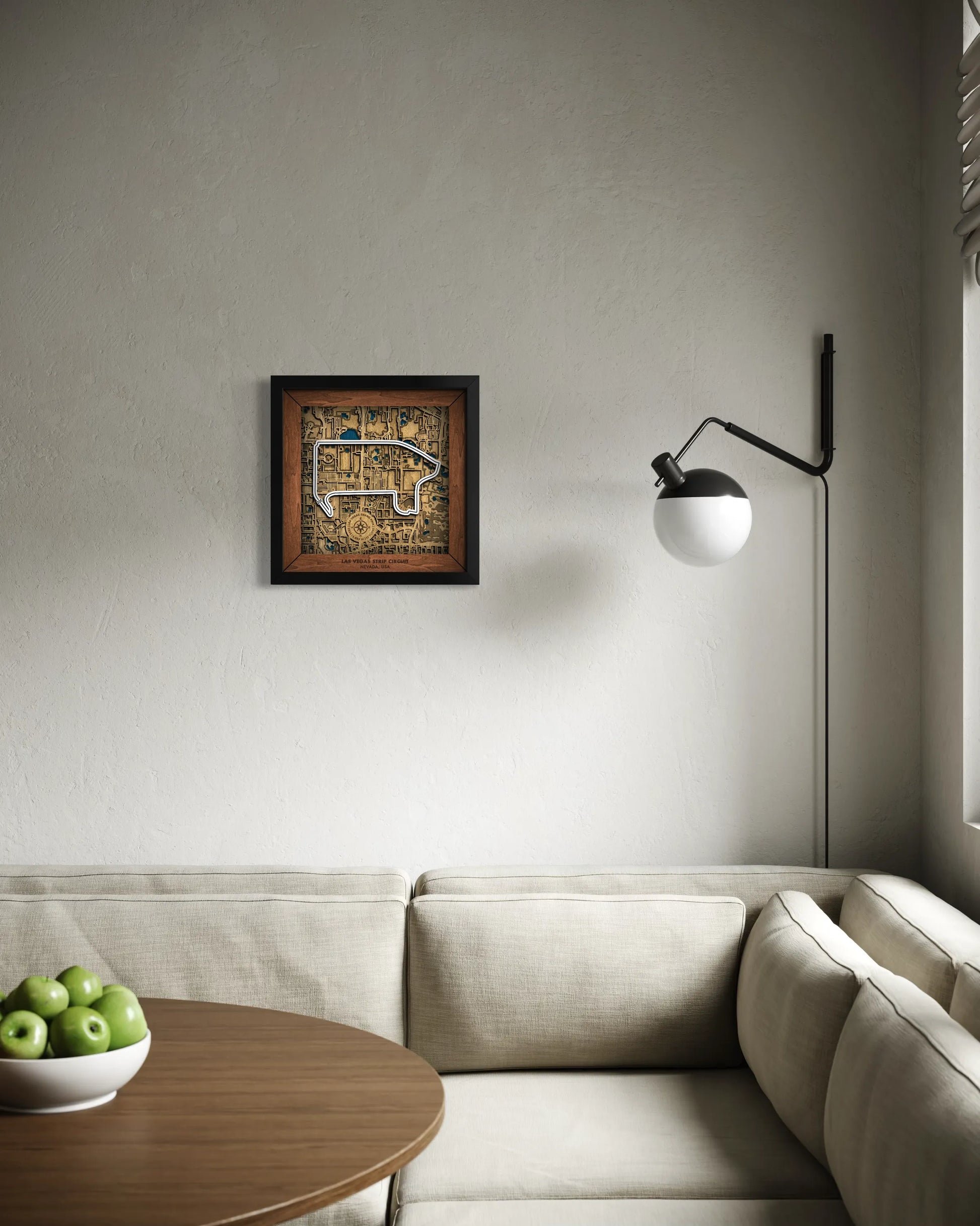 Handcrafted Las Vegas Strip Circuit layered wooden racetrack wall art displayed in a modern living room.
