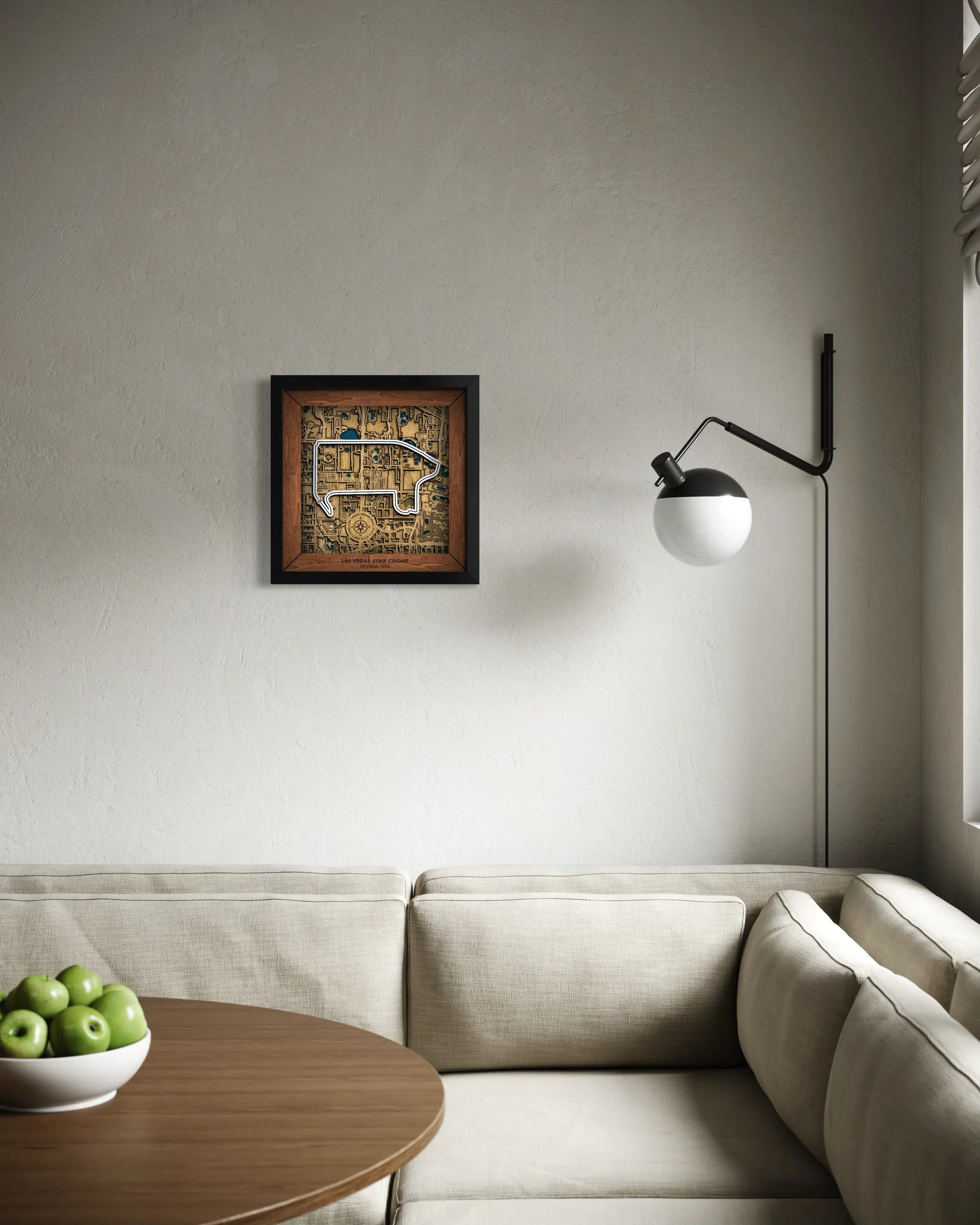 Handcrafted Las Vegas Strip Circuit layered wooden racetrack wall art displayed in a modern living room.