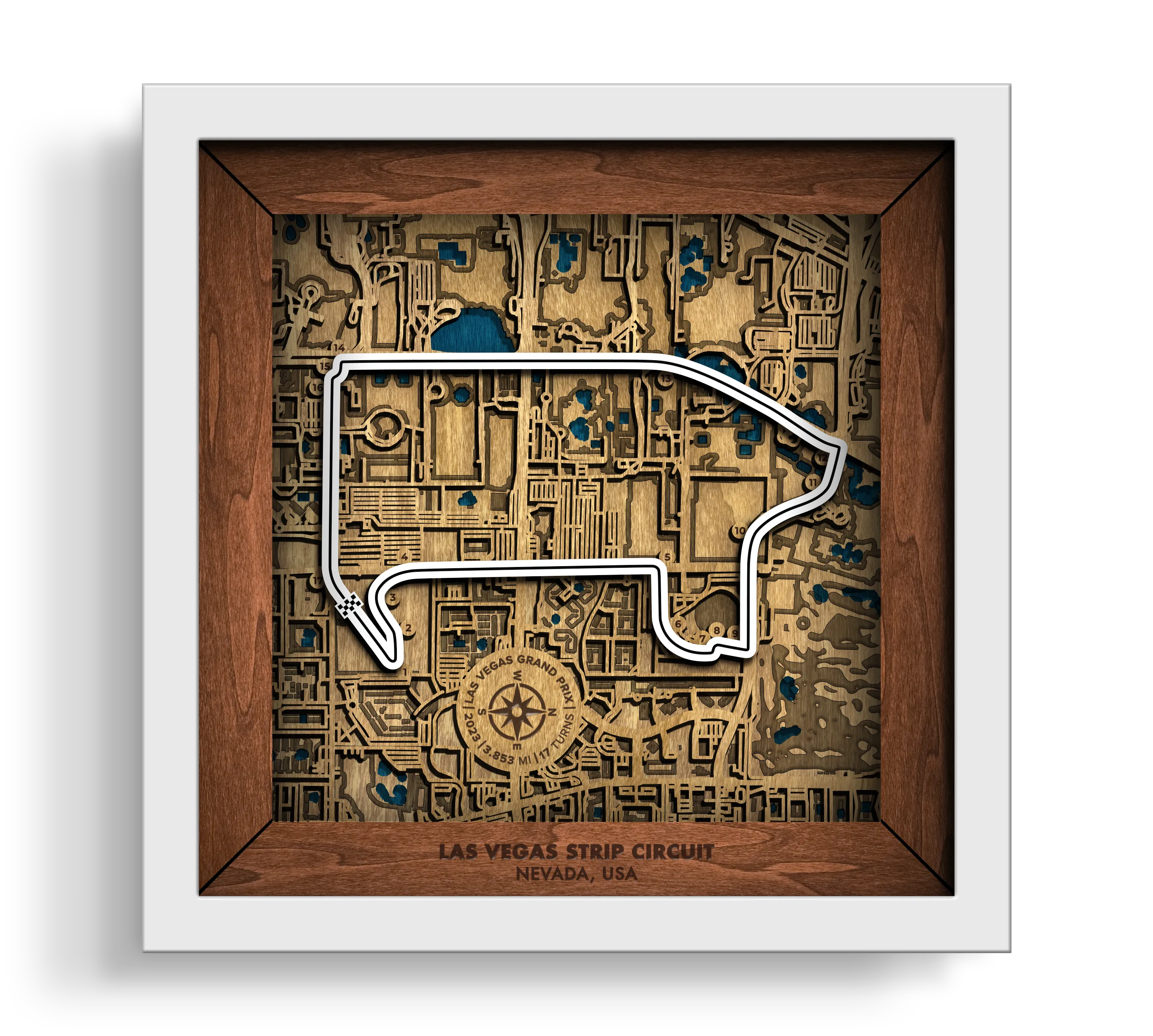 Handcrafted Las Vegas Strip Circuit layered wooden racetrack wall art in a white frame.