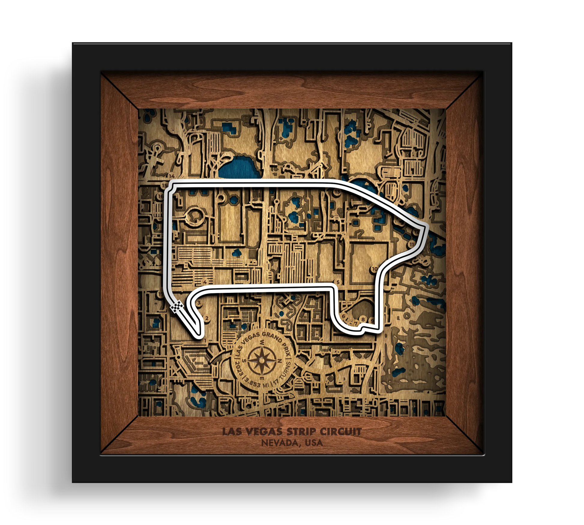 Handcrafted Las Vegas Strip Circuit layered wooden racetrack wall art in a black frame.