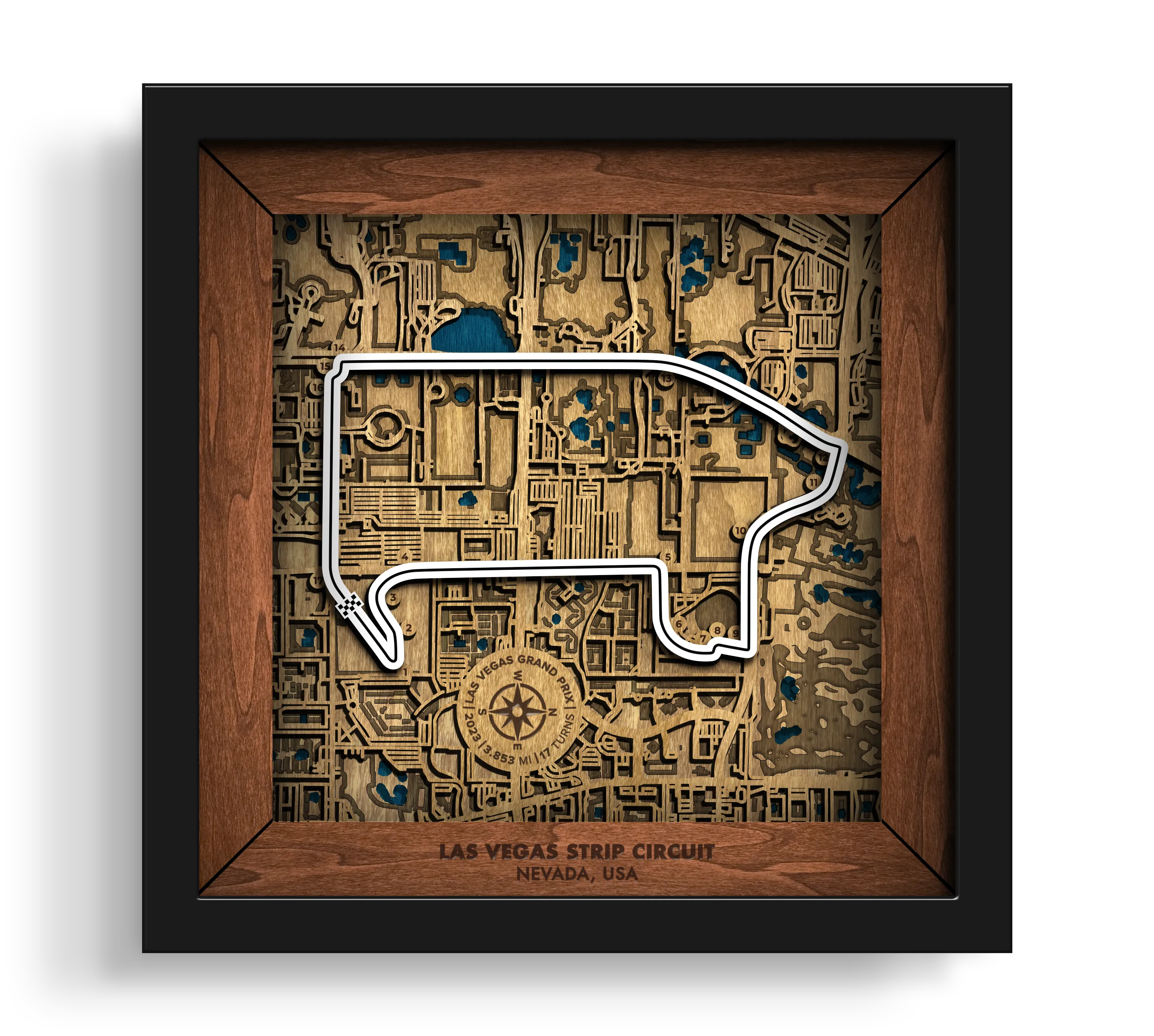 Handcrafted Las Vegas Strip Circuit layered wooden racetrack wall art in a black frame.