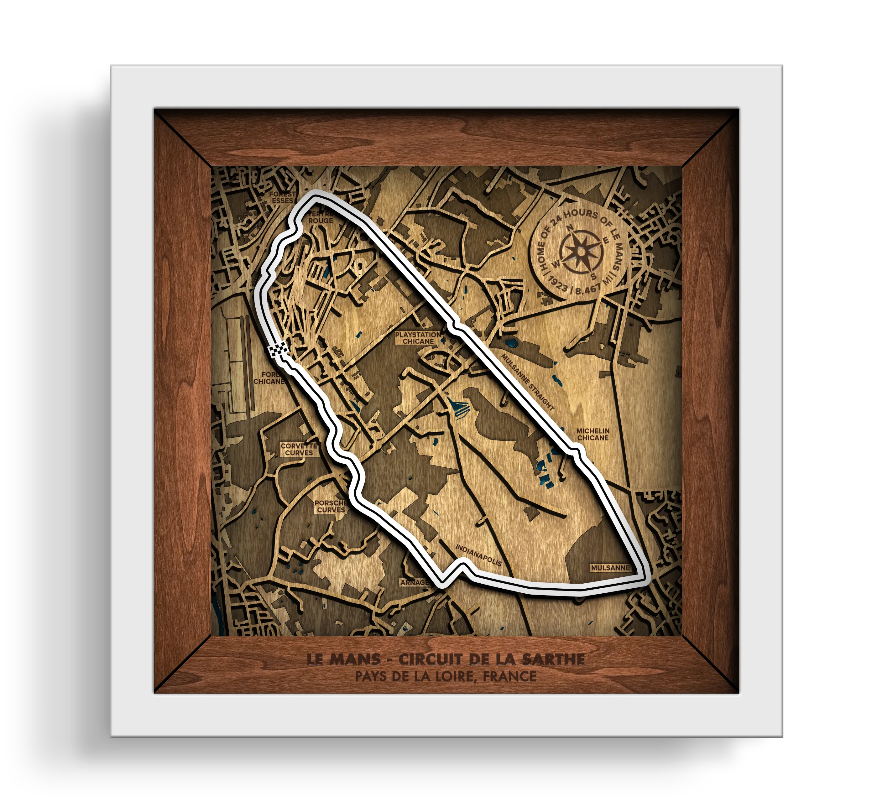 Handcrafted Le Mans Circuit layered wooden racetrack wall art in a white frame.