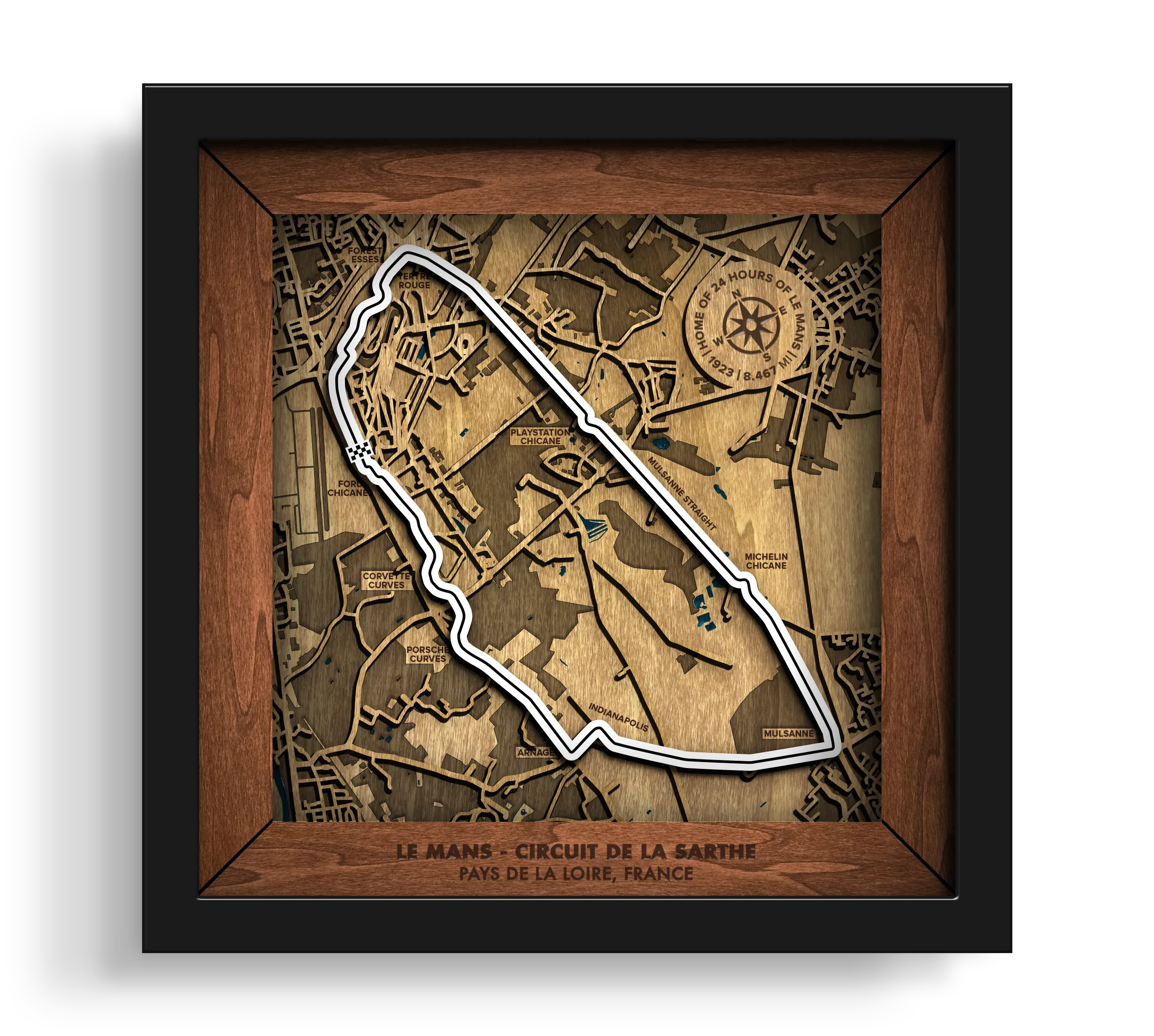 Handcrafted Le Mans Circuit layered wooden racetrack wall art in a black frame.