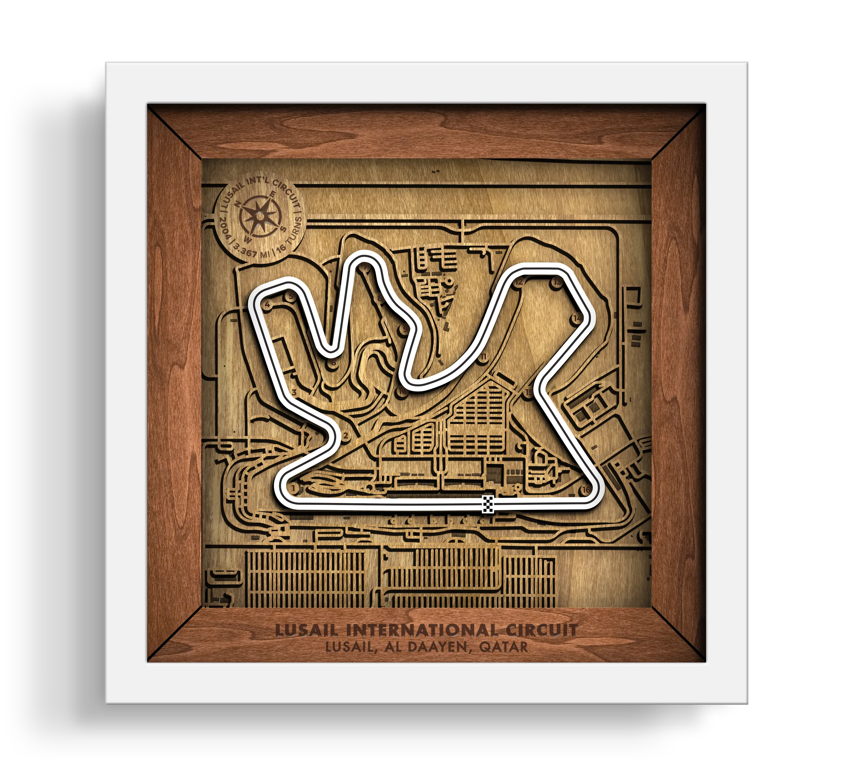 Handcrafted Lusail International Circuit layered wooden racetrack wall art in a white frame.