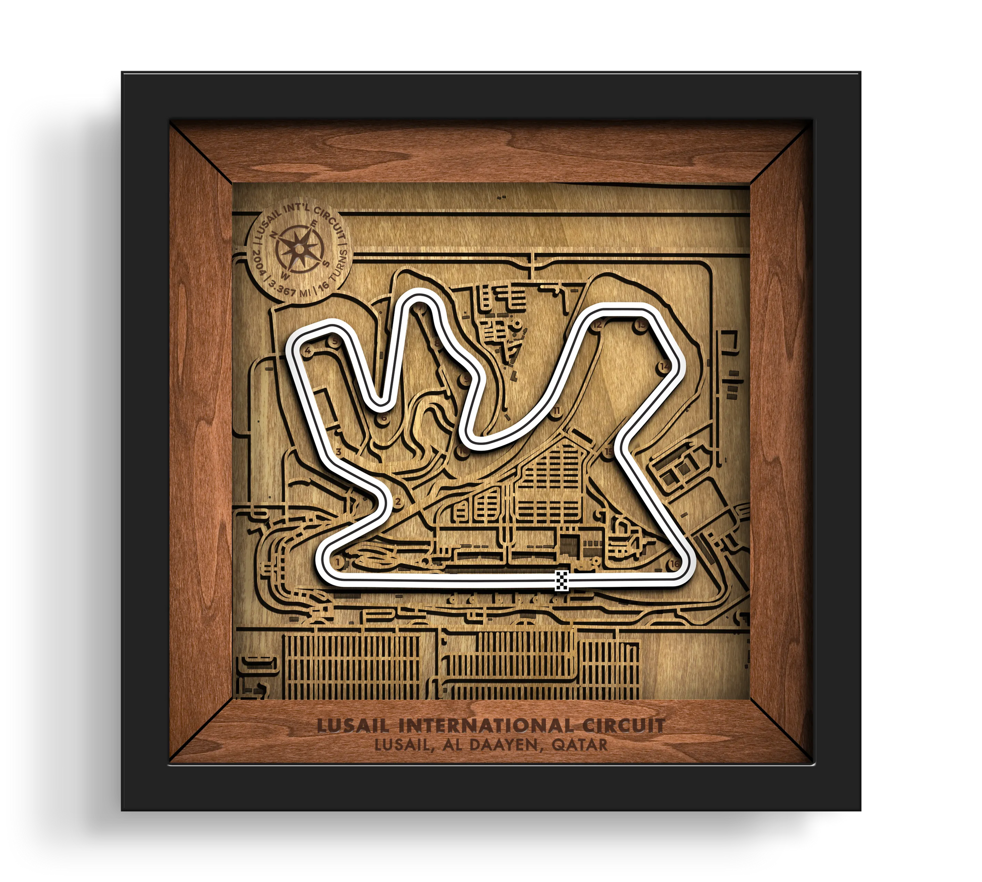 Handcrafted Lusail International Circuit layered wooden racetrack wall art in a black frame.