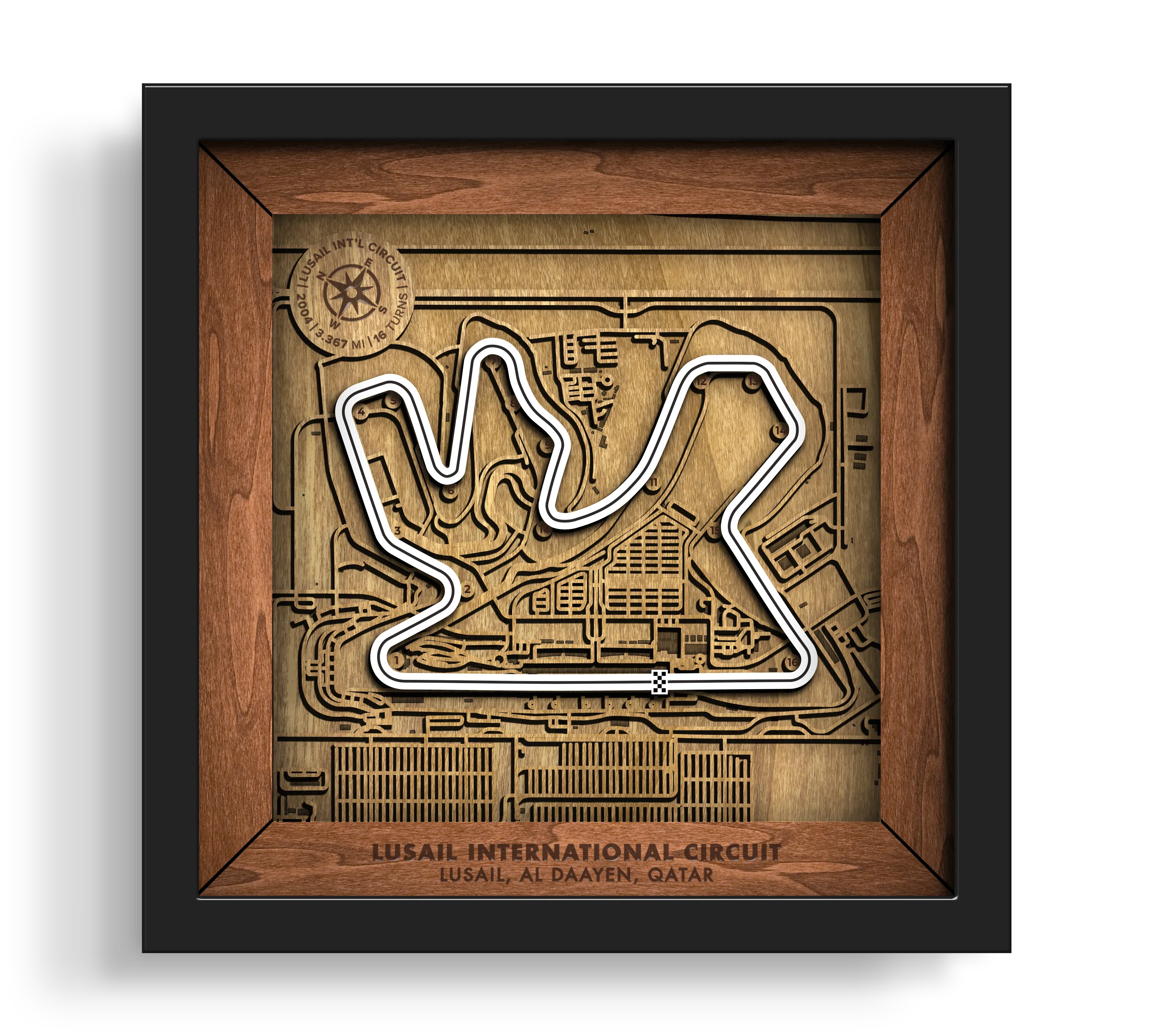 Handcrafted Lusail International Circuit layered wooden racetrack wall art in a black frame.