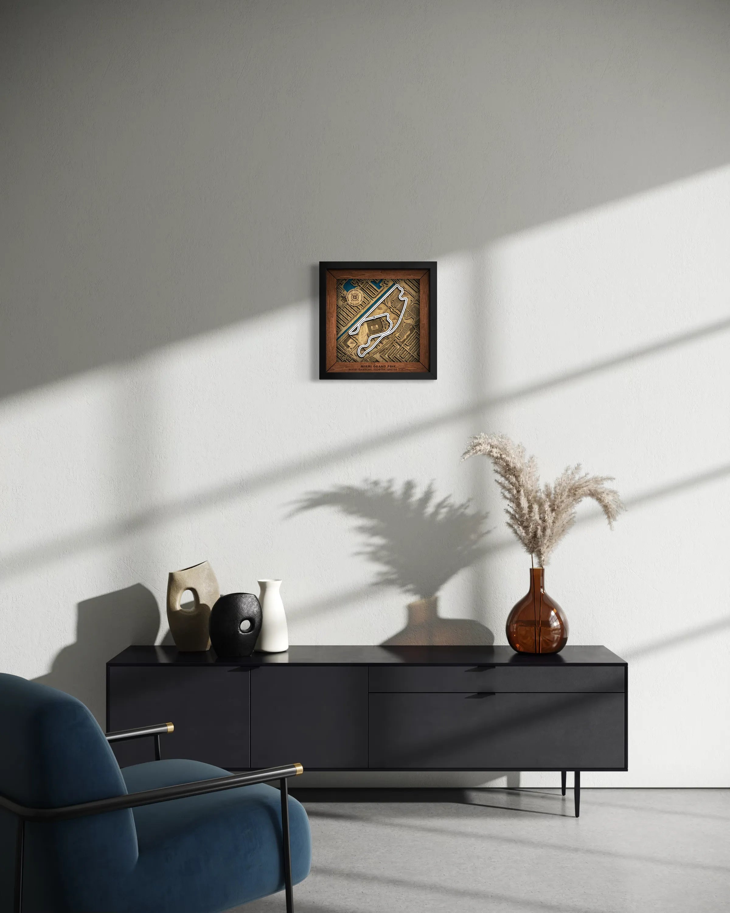 Handcrafted Miami International Autodrome layered wooden racetrack wall art displayed in a modern living room.