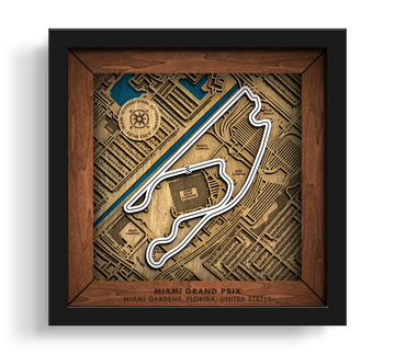 Handcrafted Miami International Autodrome layered wooden racetrack wall art in a black frame.