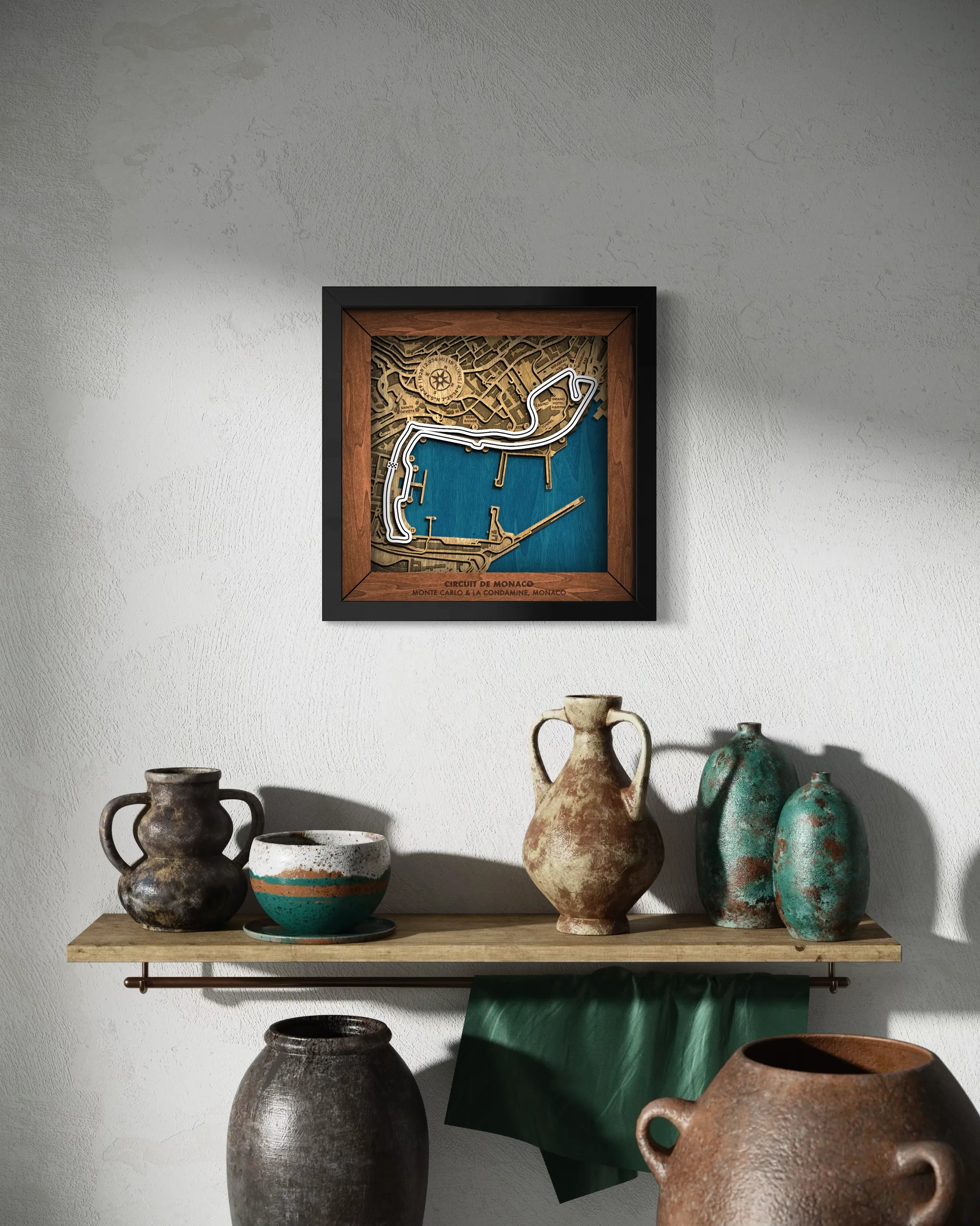 Handcrafted Circuit de Monaco layered wooden racetrack wall art displayed in a modern living room.