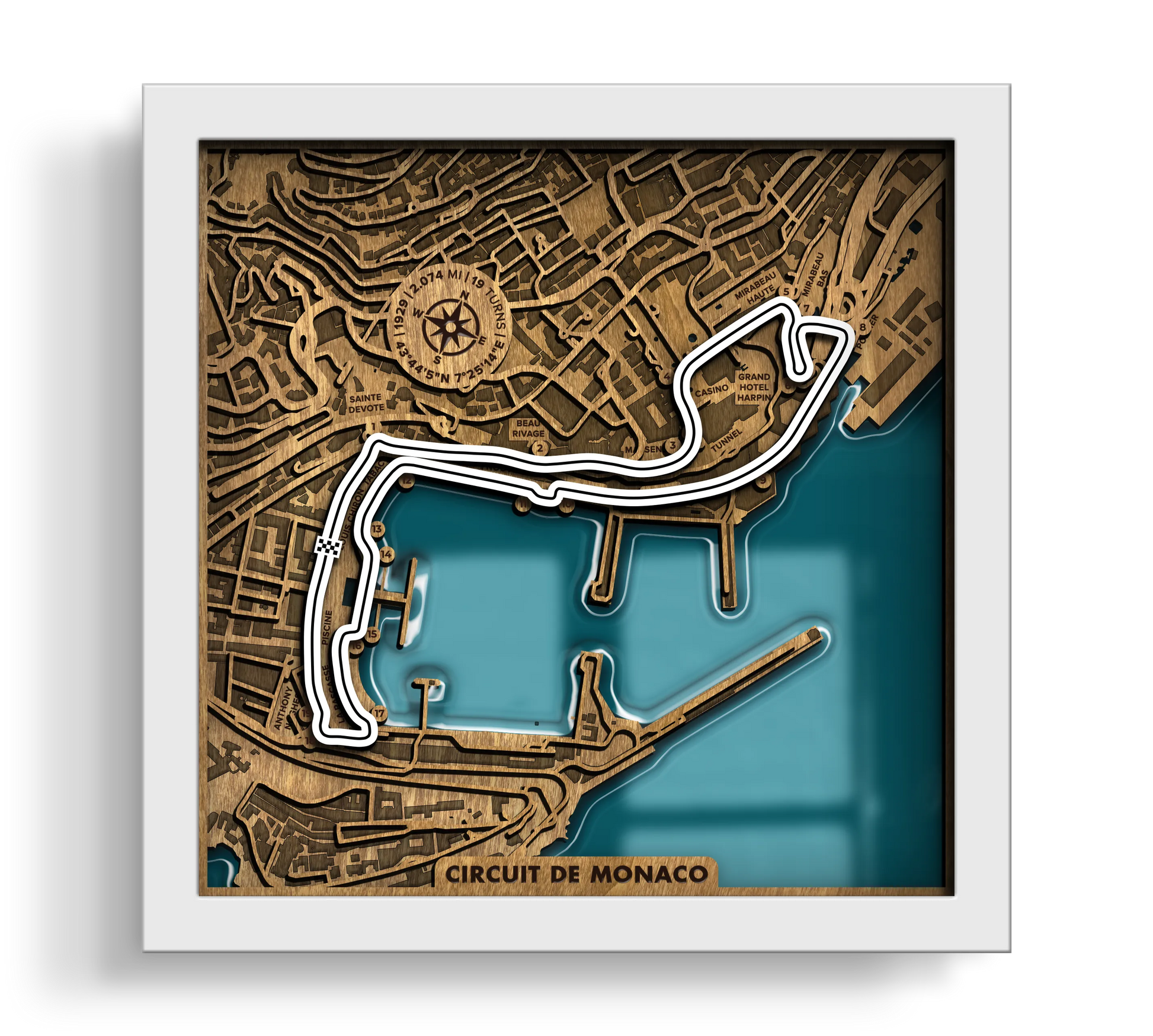 Handcrafted Circuit de Monaco layered wooden racetrack wall art with an epoxy resin finish in a white frame.