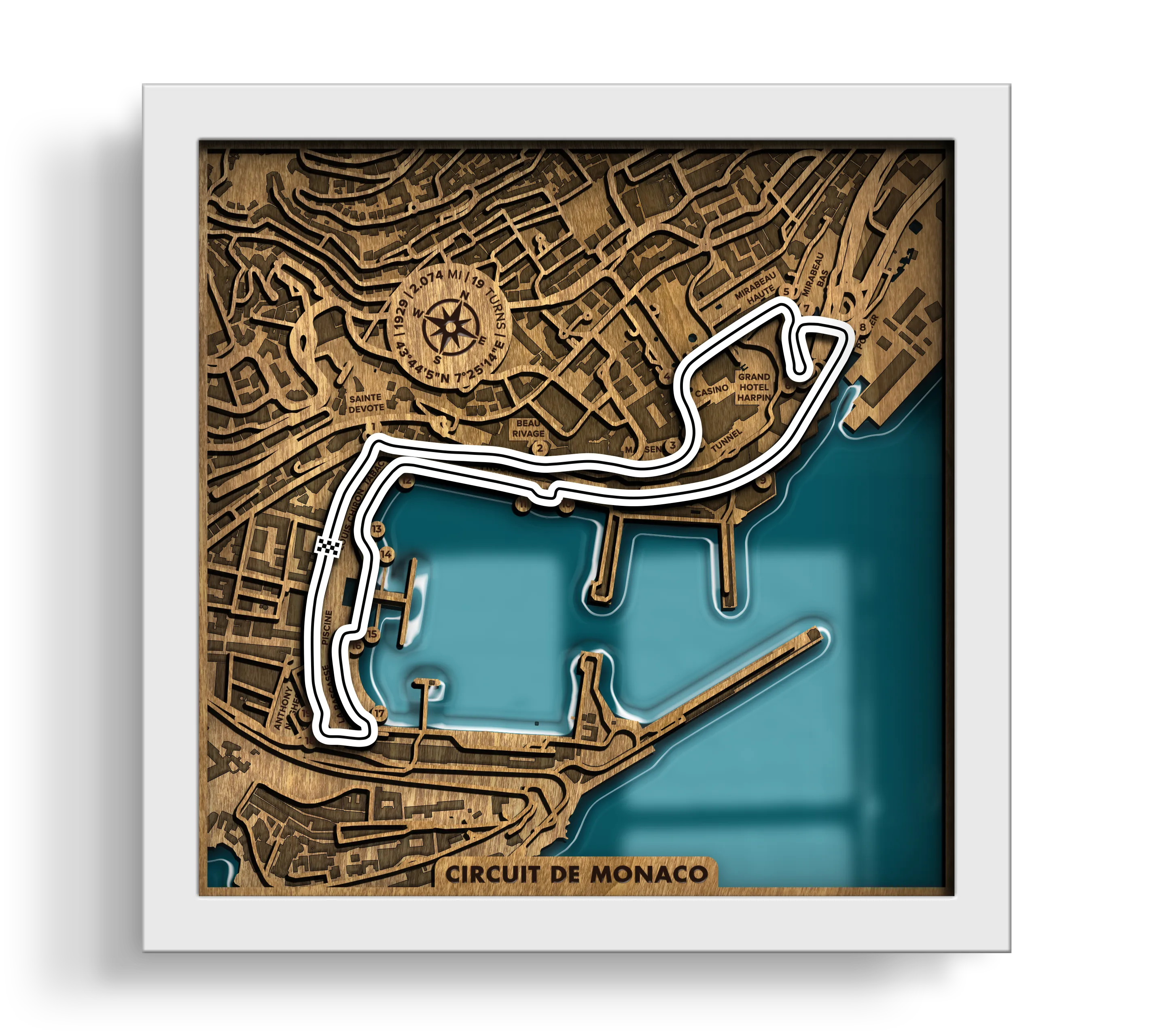 Handcrafted Circuit de Monaco layered wooden racetrack wall art with an epoxy resin finish in a white frame.