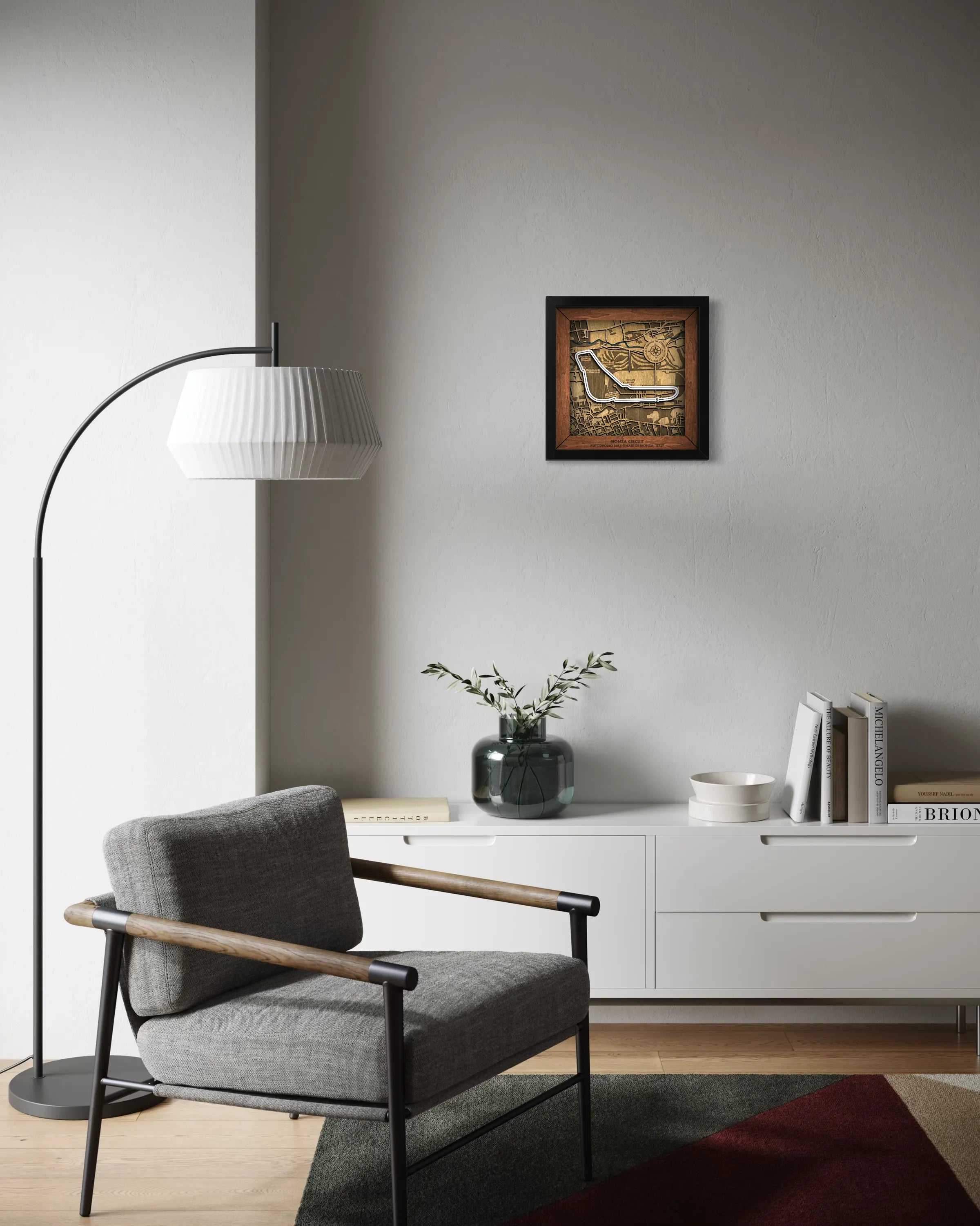 Handcrafted Autodromo Nazionale Monza layered wooden racetrack wall art displayed in a modern living room.