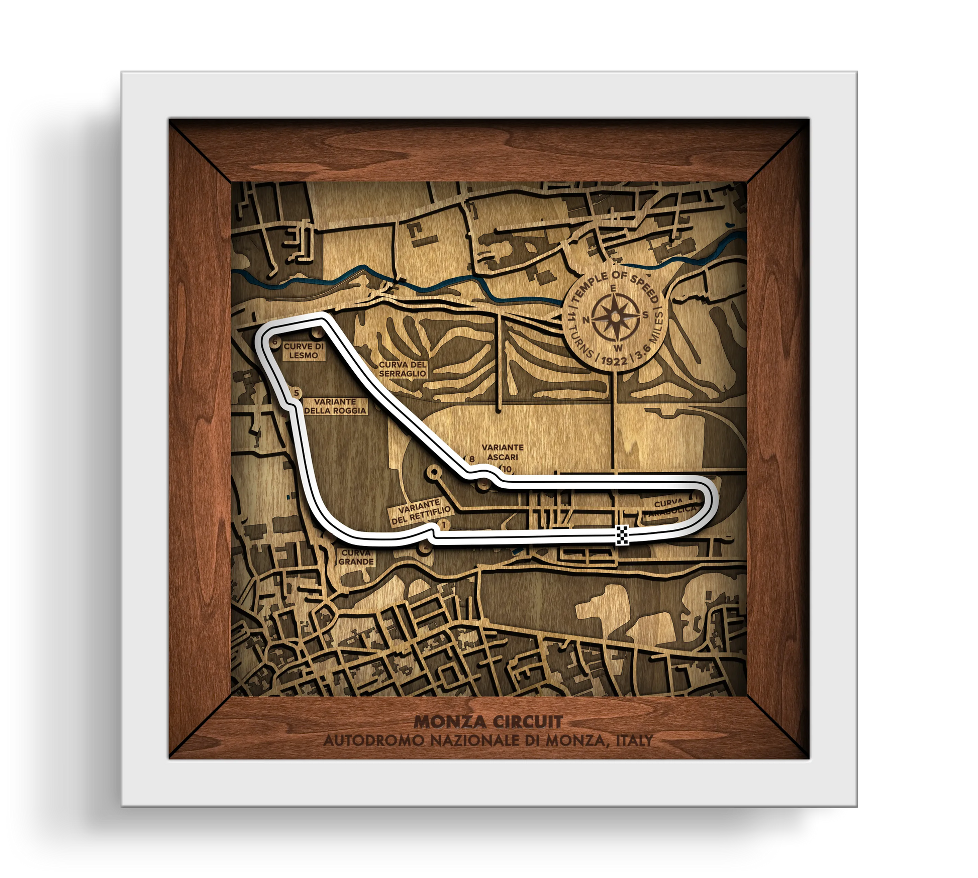 Handcrafted Autodromo Nazionale Monza layered wooden racetrack wall art in a white frame.