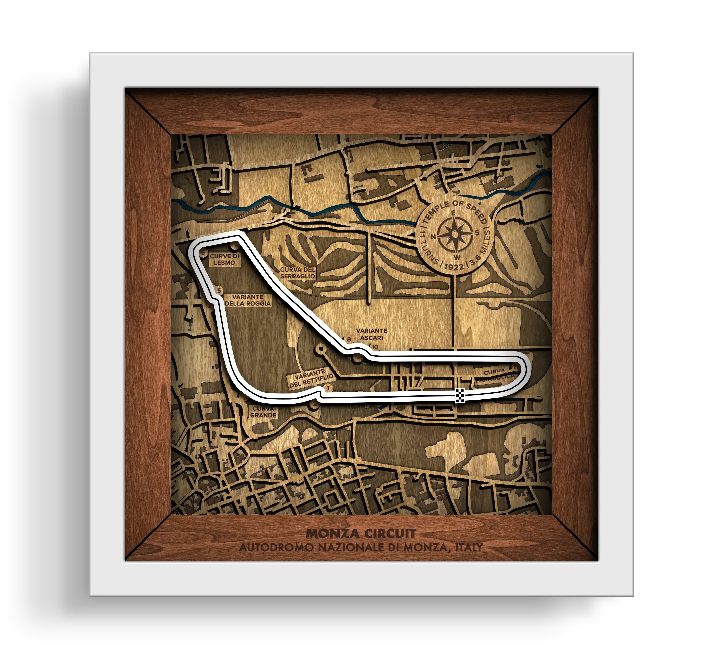Handcrafted Autodromo Nazionale Monza layered wooden racetrack wall art in a white frame.