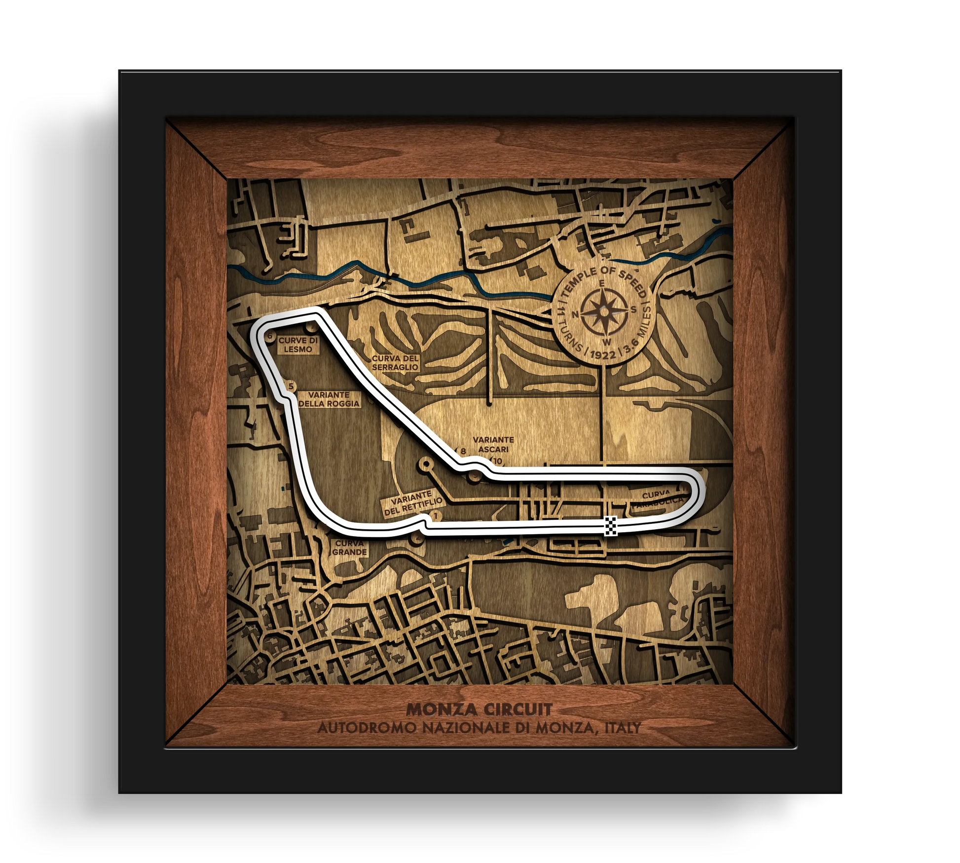 Handcrafted Autodromo Nazionale Monza layered wooden racetrack wall art in a black frame.