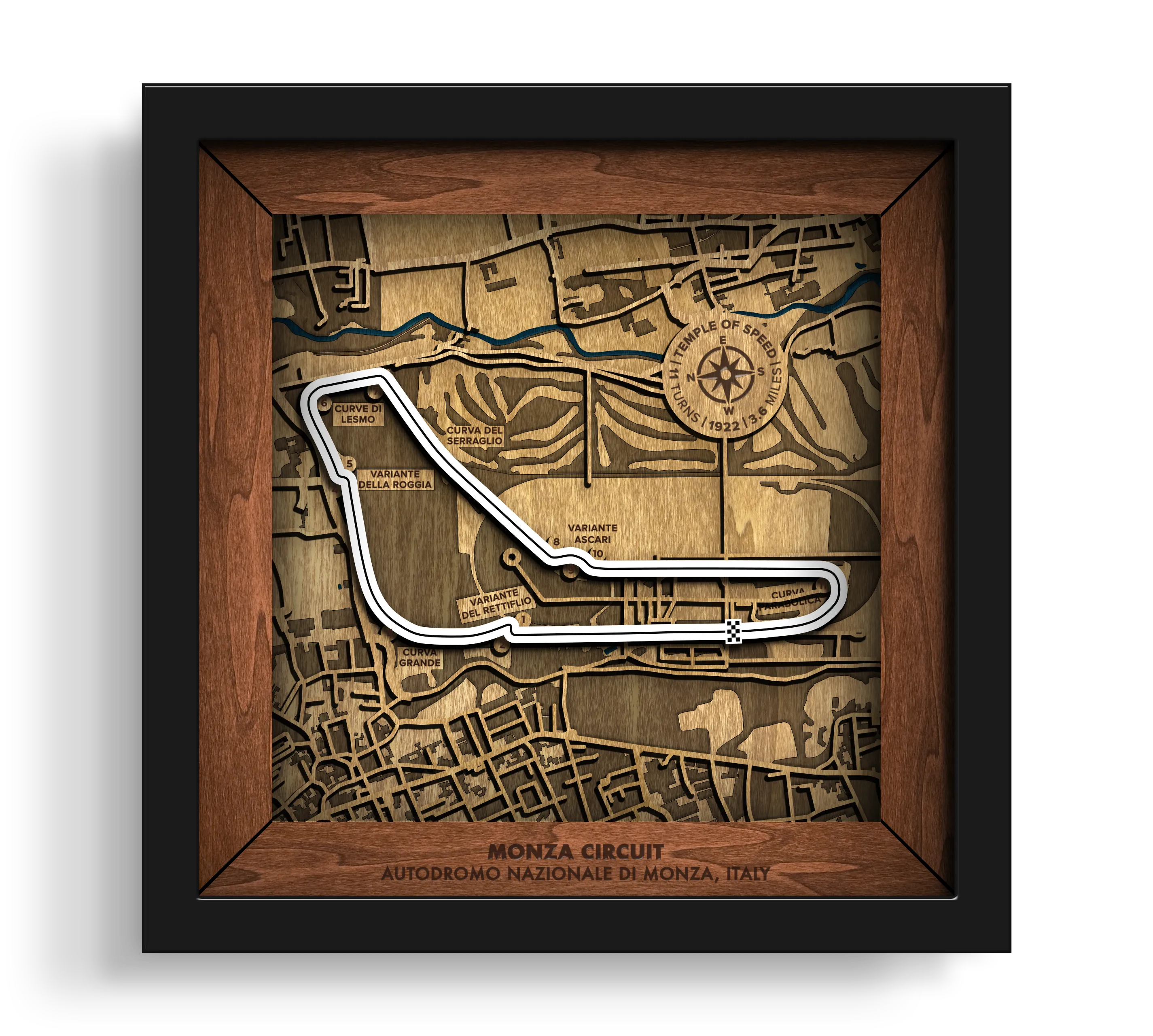Handcrafted Autodromo Nazionale Monza layered wooden racetrack wall art in a black frame.