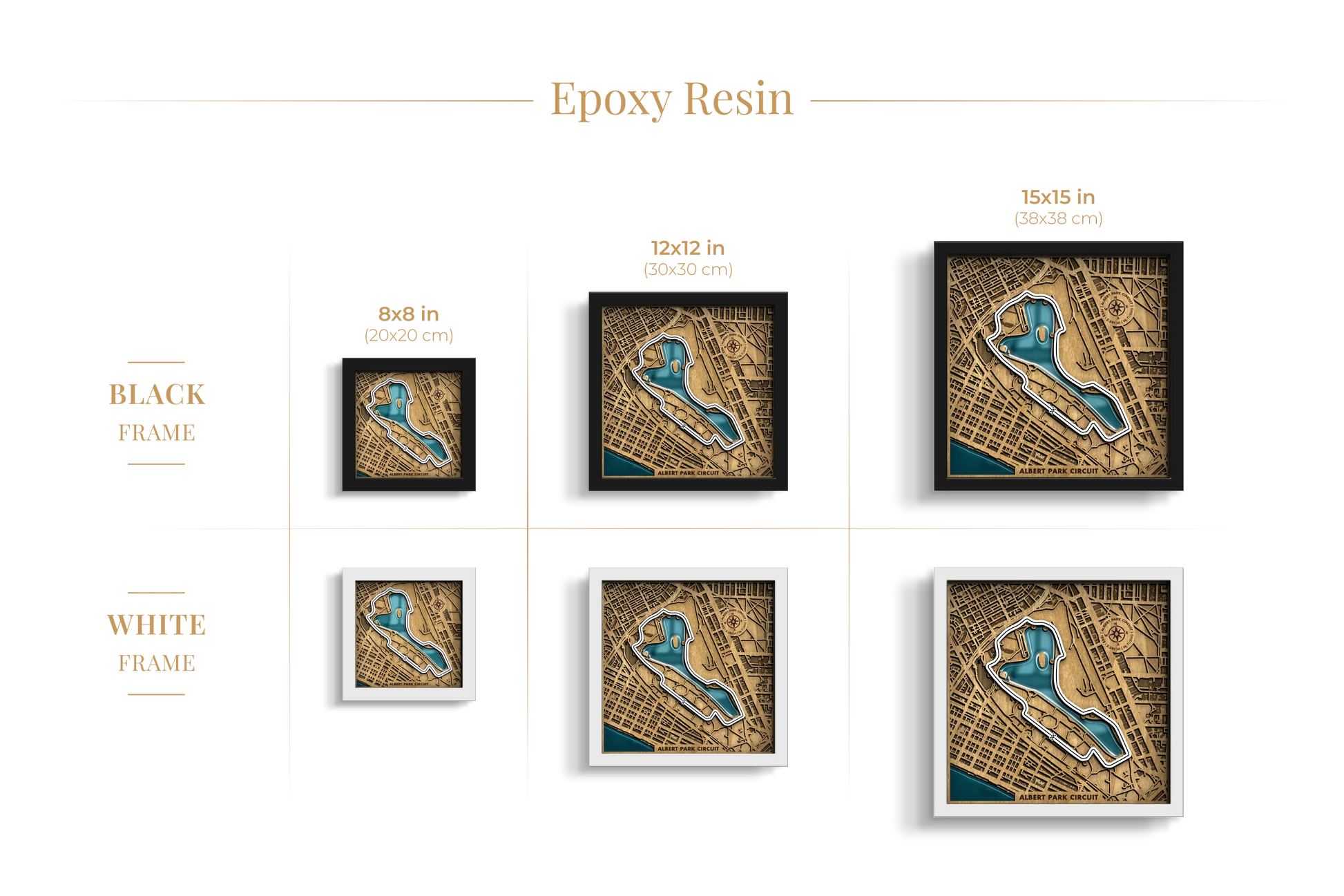Albert Park Circuit epoxy resin layered wooden racetrack wall art shown in 8_8, 12_12 and 15_15 inch sizes with black and white frame options.
