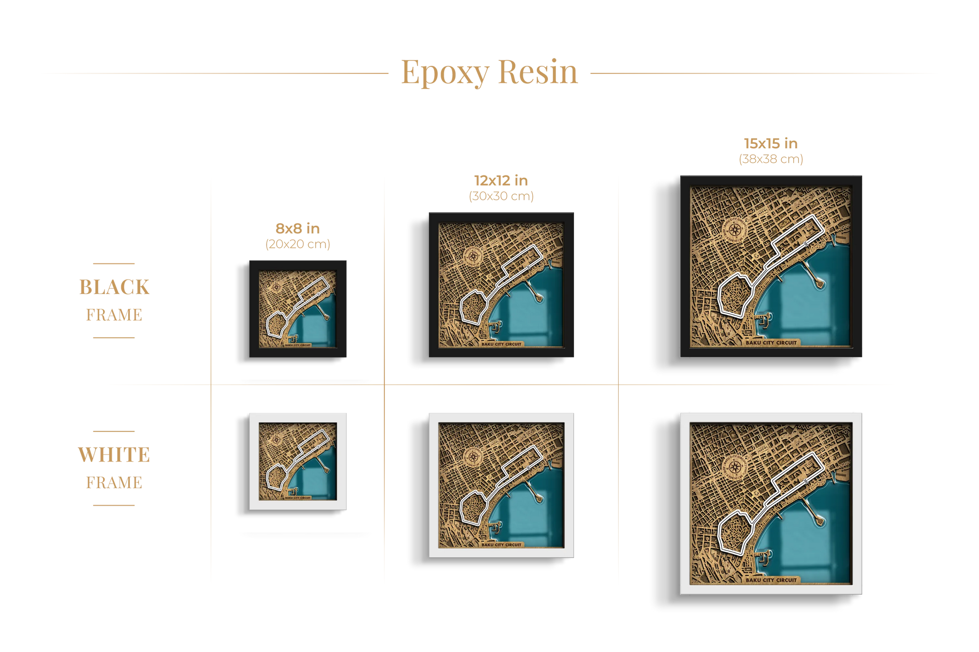 Baku City Circuit epoxy resin layered wooden racetrack wall art shown in 8_8, 12_12 and 15_15 inch sizes with black and white frame options.