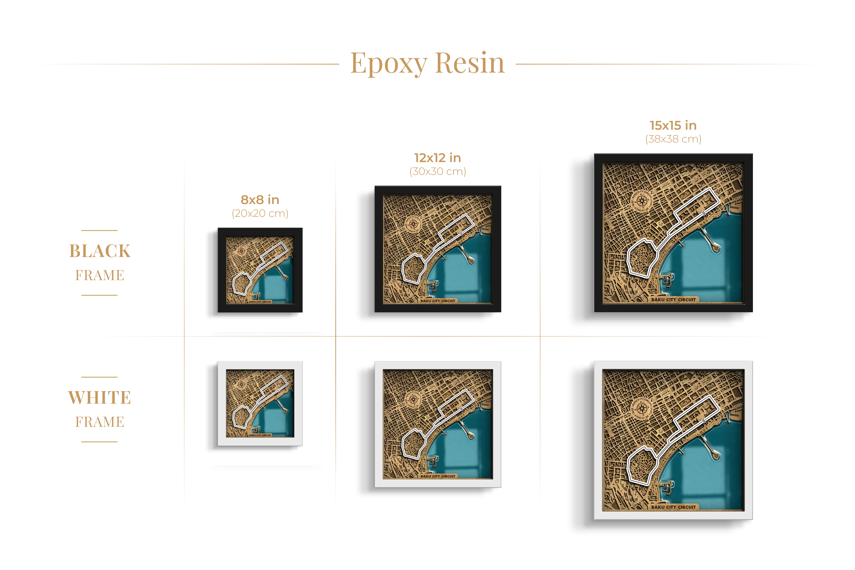Baku City Circuit epoxy resin layered wooden racetrack wall art shown in 8_8, 12_12 and 15_15 inch sizes with black and white frame options.