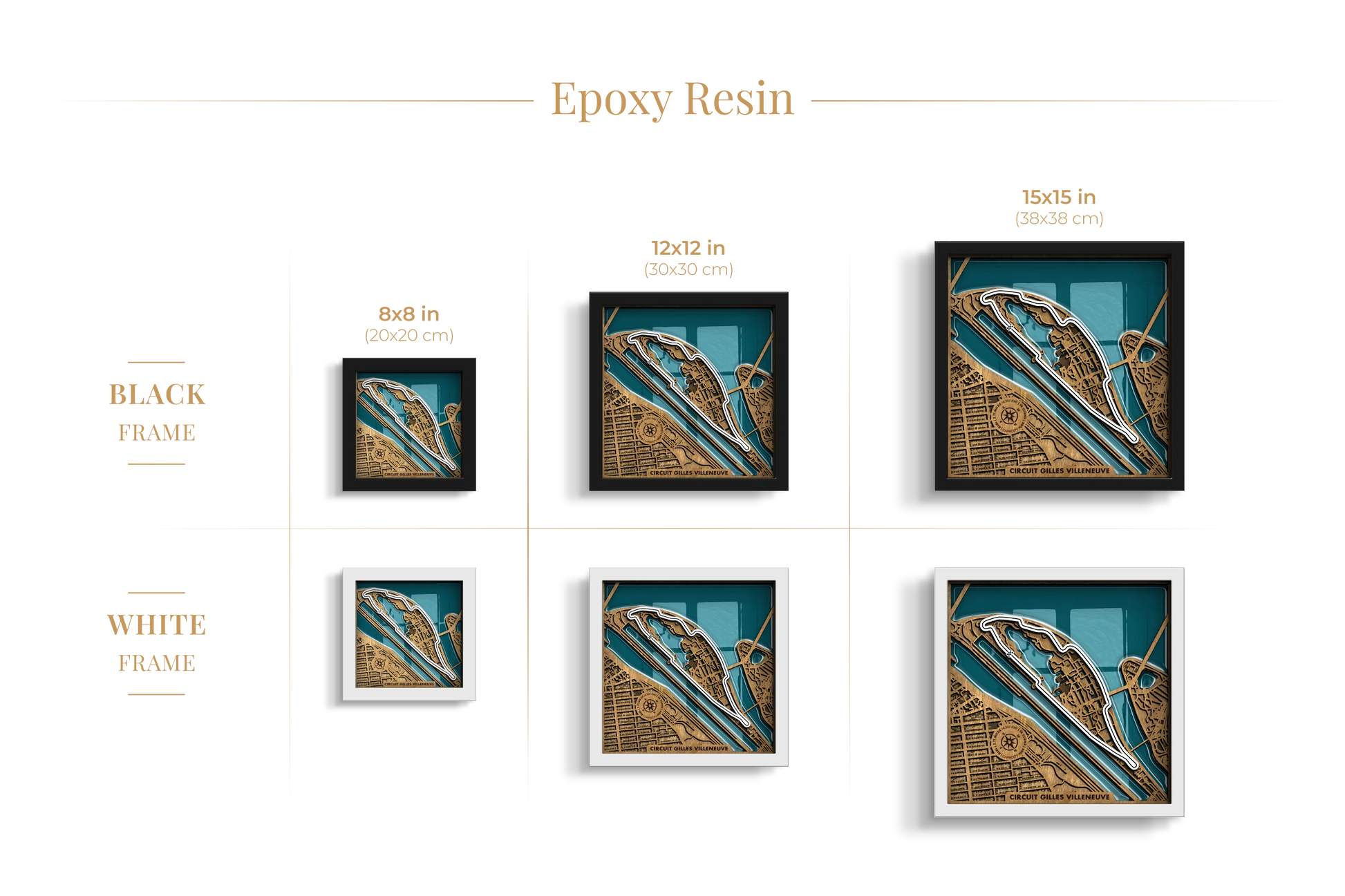 Circuit Gilles Villeneuve epoxy resin layered wooden racetrack wall art shown in 8_8, 12_12 and 15_15 inch sizes with black and white frame options.