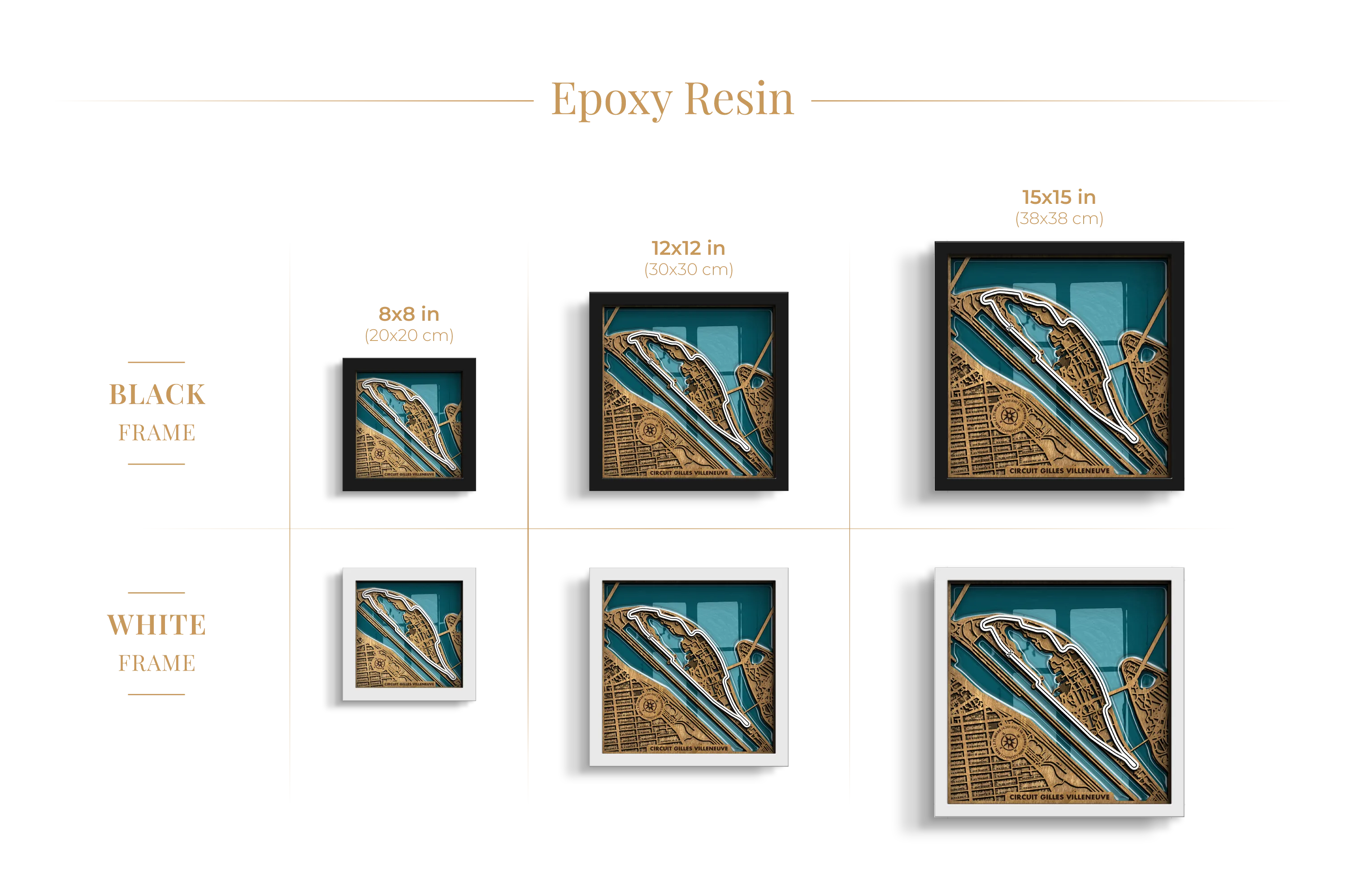 Circuit Gilles Villeneuve epoxy resin layered wooden racetrack wall art shown in 8_8, 12_12 and 15_15 inch sizes with black and white frame options.