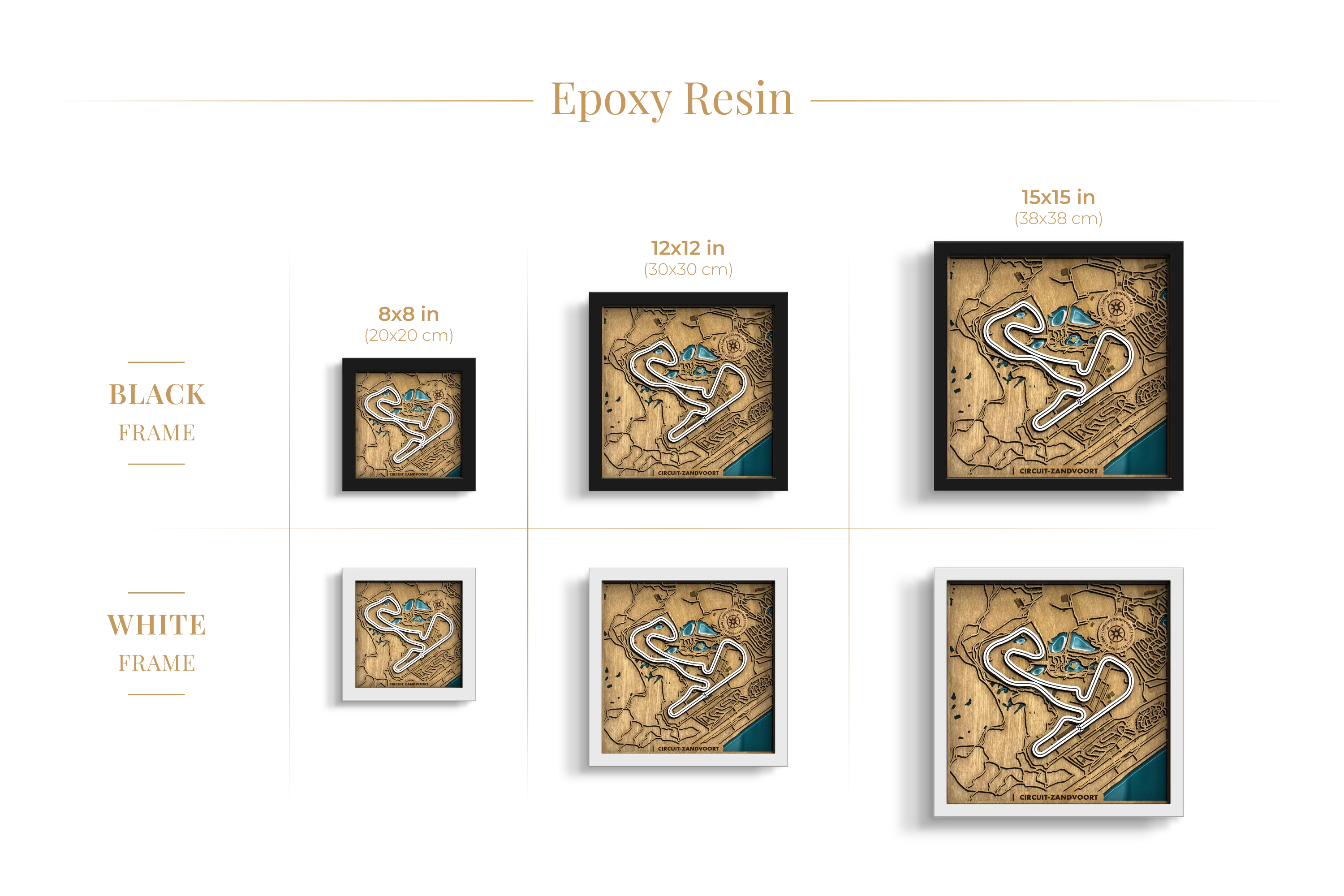 Circuit Zandvoort epoxy resin layered wooden racetrack wall art shown in 8_8, 12_12 and 15_15 inch sizes with black and white frame options.