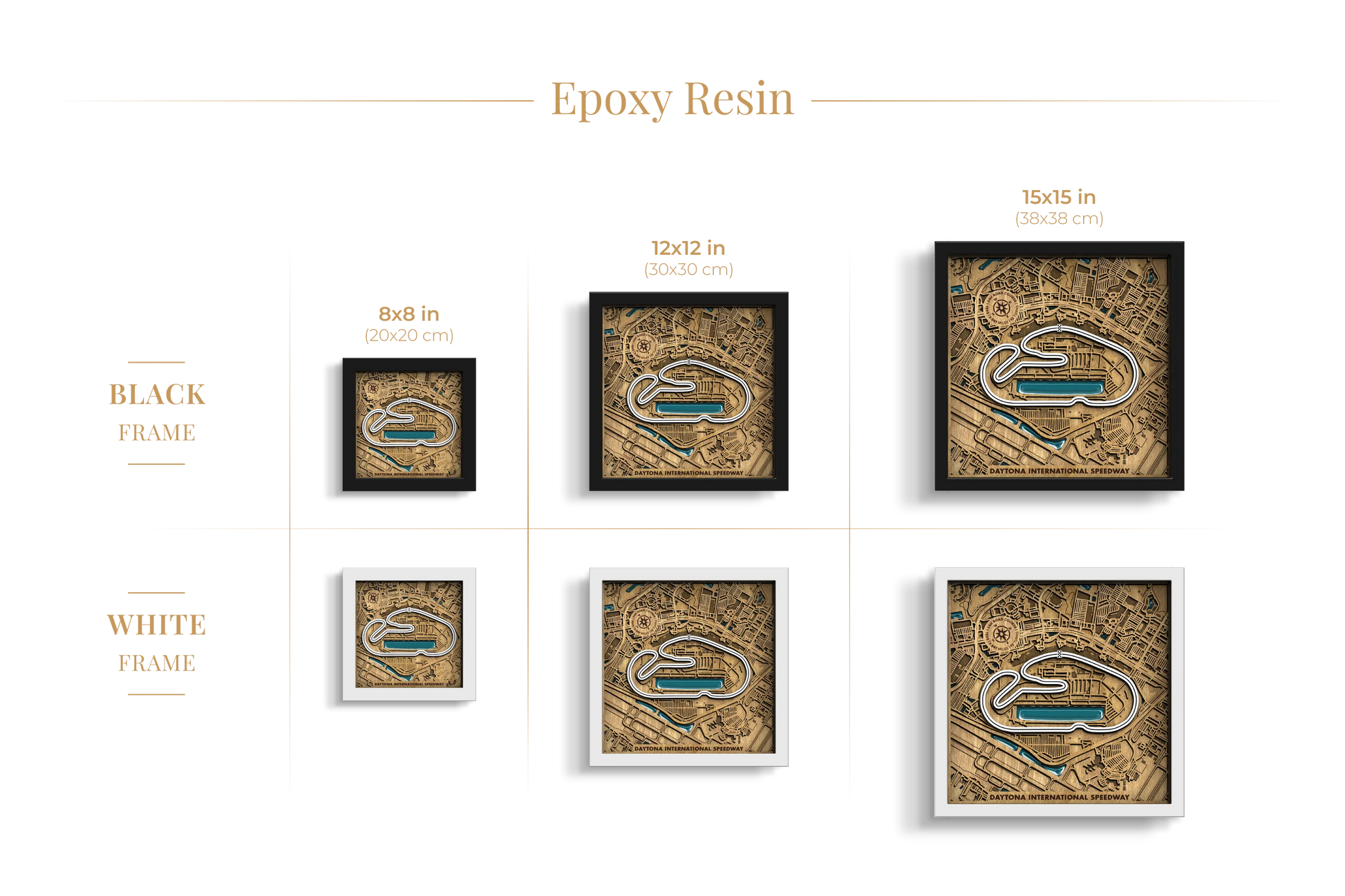 Daytona International Speedway epoxy resin layered wooden racetrack wall art shown in 8_8, 12_12 and 15_15 inch sizes with black and white frame options.
