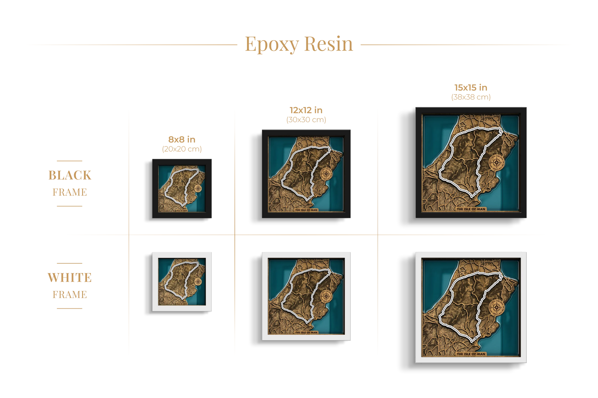 Isle of Man TT Course epoxy resin layered wooden racetrack wall art shown in 8_8, 12_12 and 15_15 inch sizes with black and white frame options.