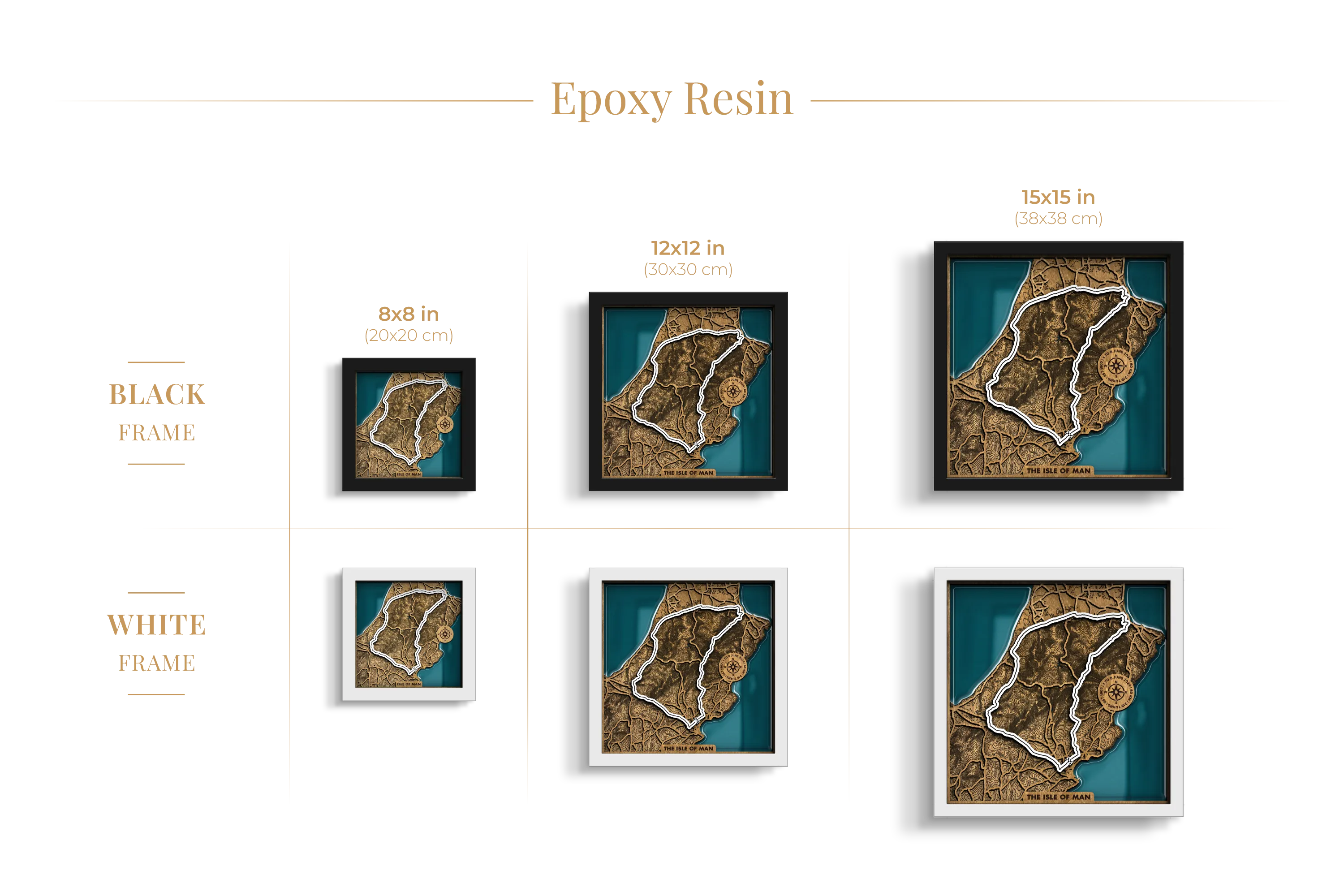 Isle of Man TT Course epoxy resin layered wooden racetrack wall art shown in 8_8, 12_12 and 15_15 inch sizes with black and white frame options.