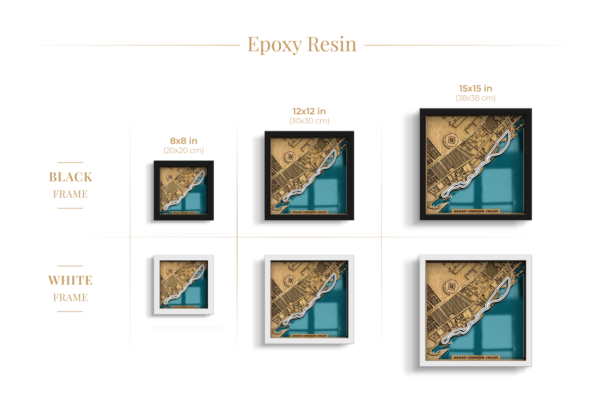 Jeddah Corniche Circuit epoxy resin layered wooden racetrack wall art shown in 8_8, 12_12 and 15_15 inch sizes with black and white frame options.